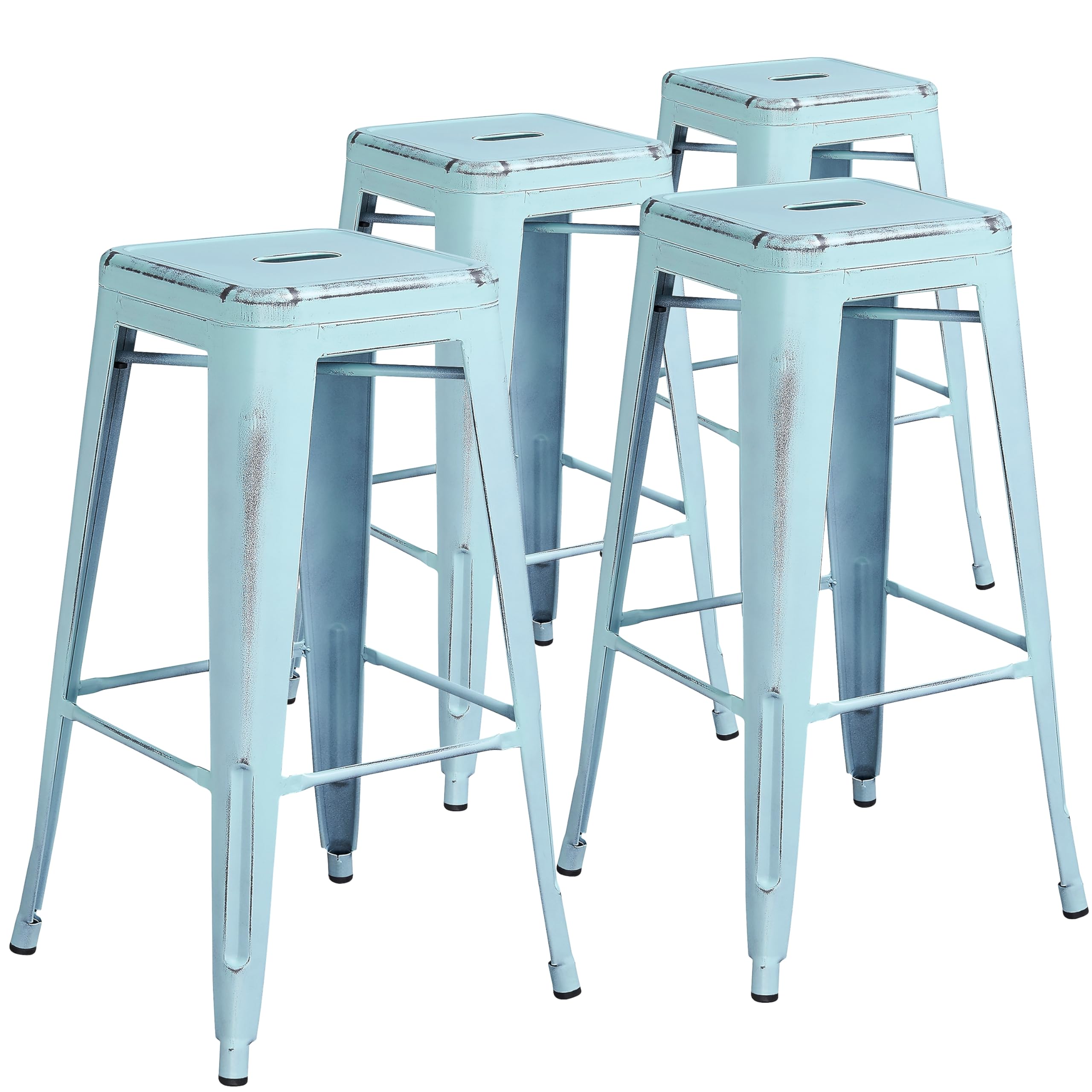 Flash Furniture Kai Commercial Grade 4 Pack 30 High Backless Distressed Green-Blue Metal Indoor-Outdoor Barstool