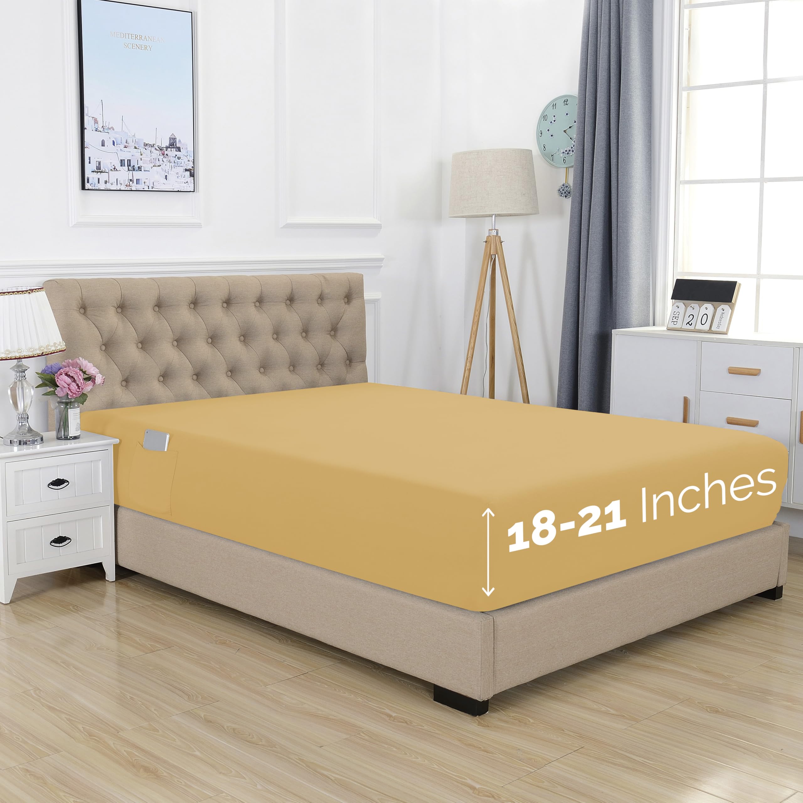 Elegant Comfort 1500 Premium Hotel Quality 18-21 Inches Deep - Extra Deep Pocket Single Fitted Sheet For High Mattress, Luxury And Softest, Smart Pocket - Wrinkle Free, Twin/Twin Xl, Gold