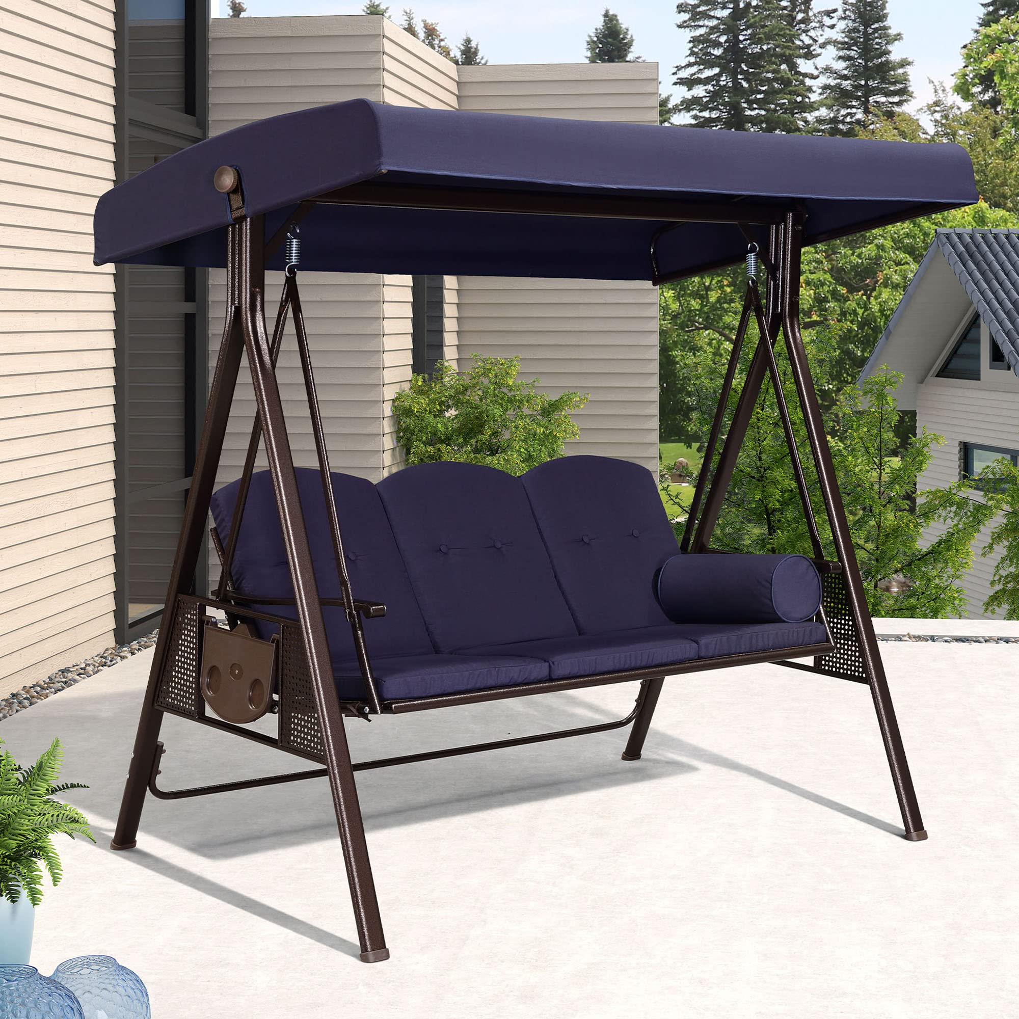 Purple Leaf 3-Seat Deluxe Outdoor Patio Porch Swing With Weather Resistant Steel Frame, Adjustable Tilt Canopy, Cushions And Pillow Included, Navy Blue