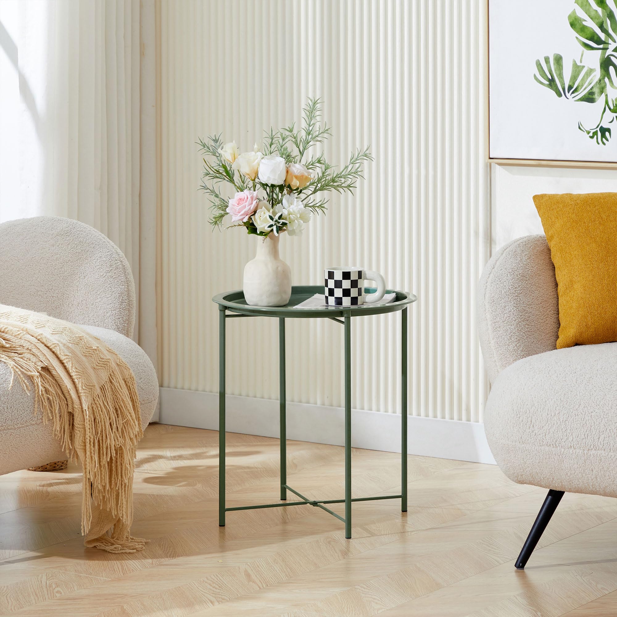 Vecelo Side/End Table, Folding Round Metal Anti-Rust And Waterproof Outdoor Or Indoor Tray For Living Room Bedroom Balcony And Office, 1 Pcs, Dark Green