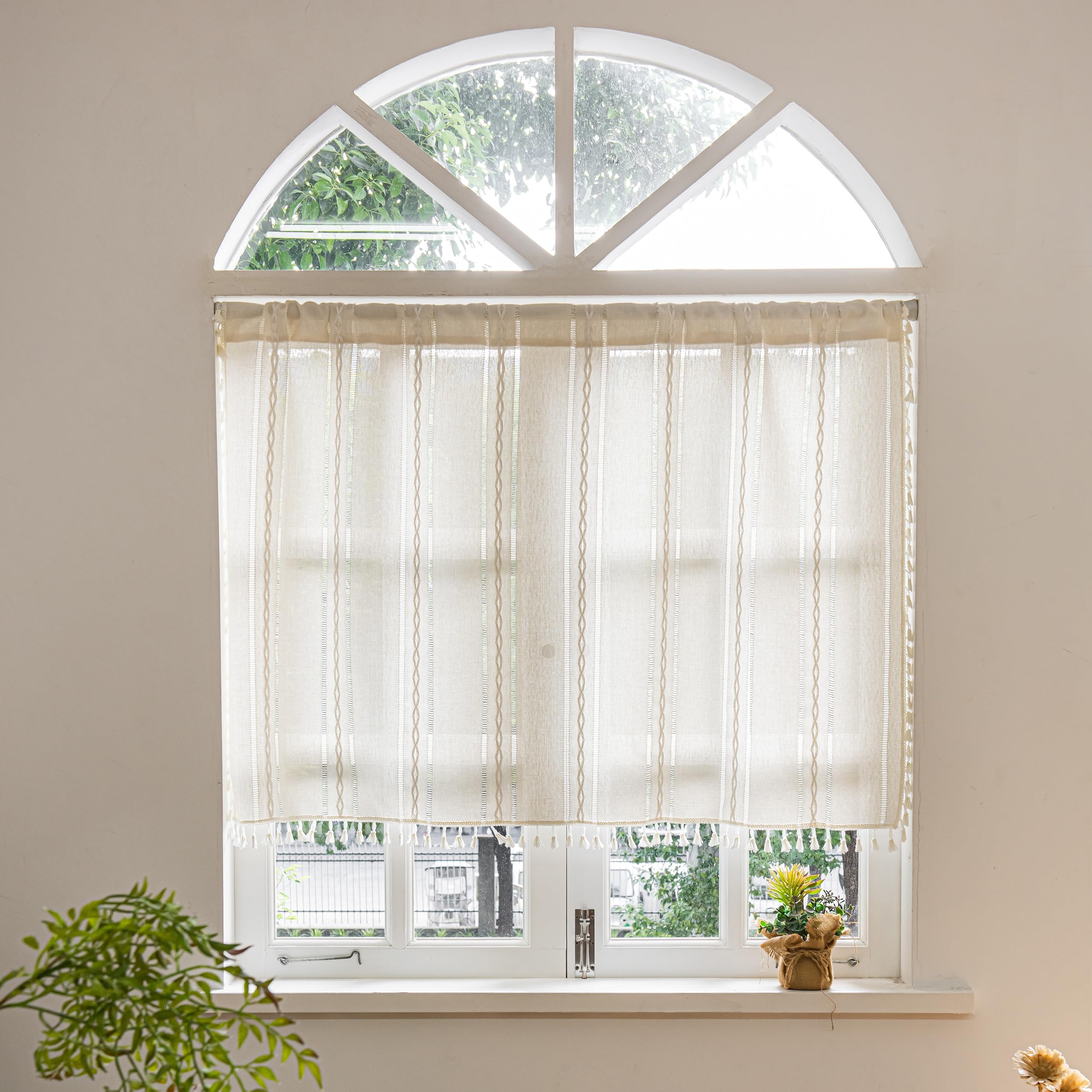 Sutuo Home Ivory Boho Curtain 52W X 18L Inch White Striped Light Filtering Short Valance, 1 Panel Embroidery Bohemian Farmhouse
