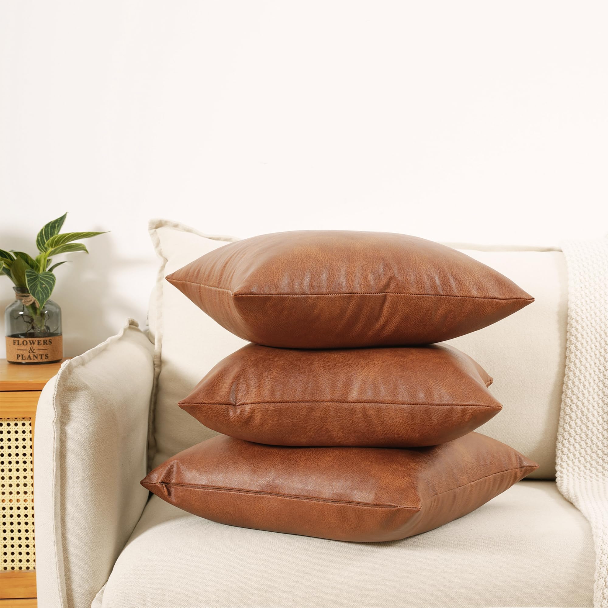 Gegelica 12X20 Inch Brown Faux Leather Throw Pillow Covers Set Of 2 Modern Farmhouse Solid Outdoor Lumbar Boho Cognac Pillow Cov