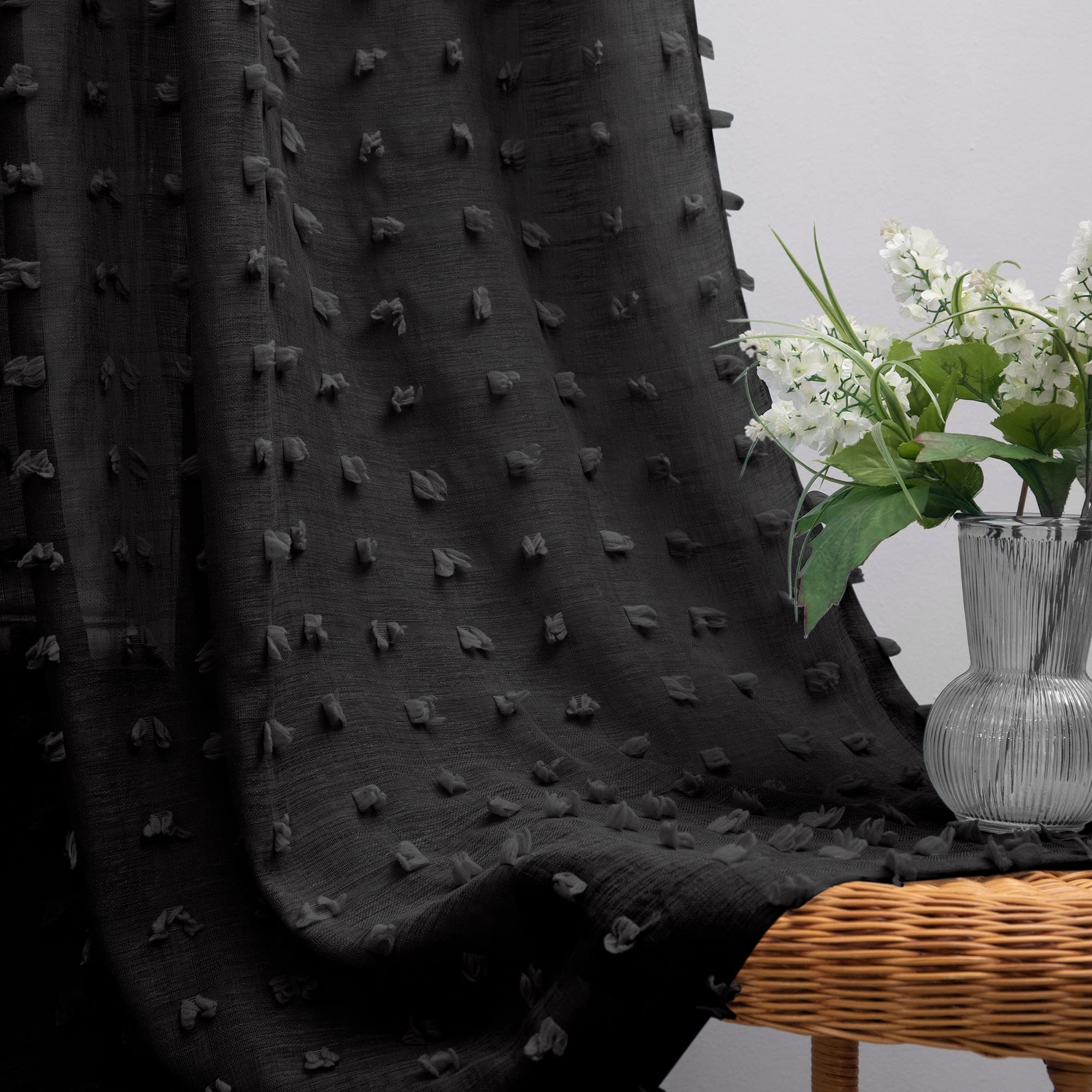 Koufall Black Curtains 45 Inch Length For Kitchen Window,Rod Pocket Pom Pom Textured Boho Lace Sheer Curtains For Bathroom Window