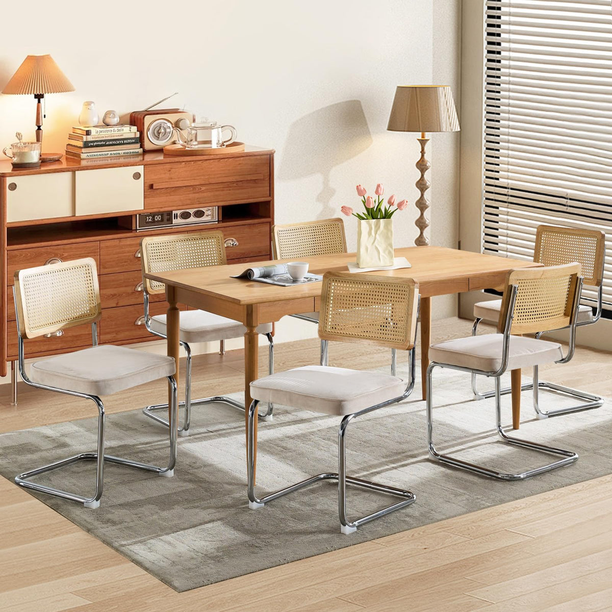 Soarmote Rattan Dining Chairs Set Of 6,Upholstered Mid-Century Modern Dining Room Chairs With Cane Backrest,Retro Velvet Kitchen