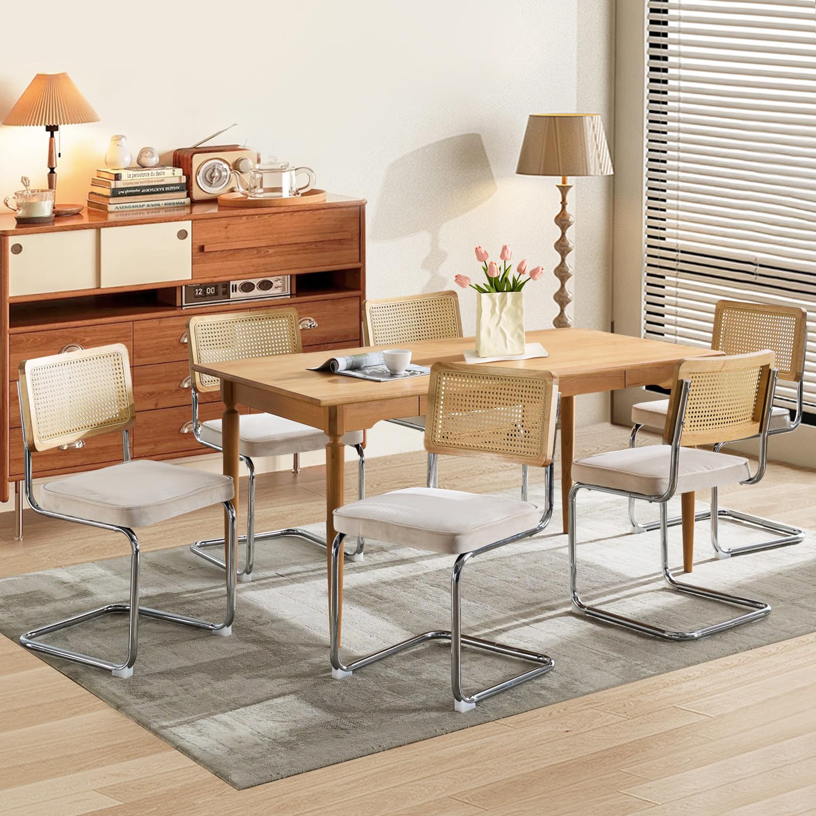 Soarmote Rattan Dining Chairs Set Of 6,Upholstered Mid-Century Modern Dining Room Chairs With Cane Backrest,Retro Velvet Kitchen