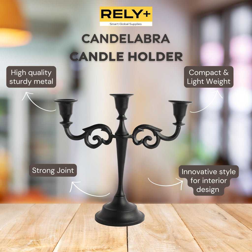 Rely+ 3 Arm Candelabra - 10 Inch Tall Matte Black Tapered Candle Holders - Elegant Candle Stands And Candlesticks Holders For Ha