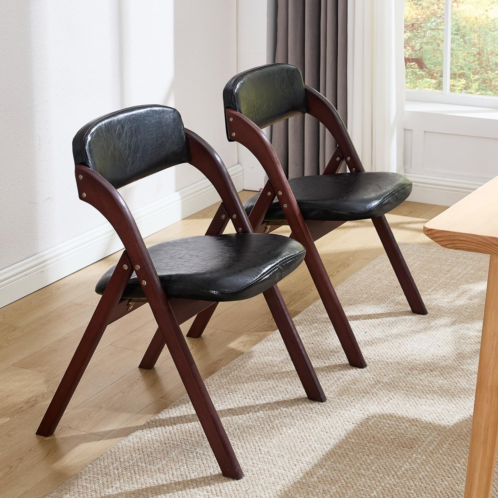 Yuuijoaa 4-Pack Folding Chairs With Cushion, Leather Padded Foldable Chairs, Walnut Wood Frame, Ideal For Indoor/Outdoor Use, Pe