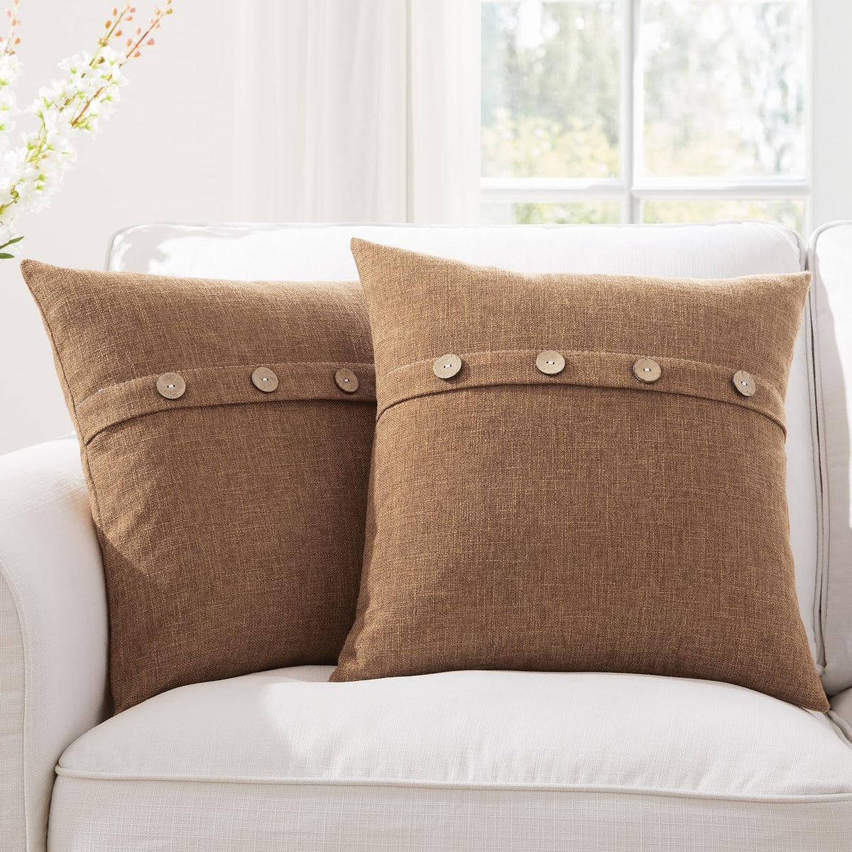 Meekio Set Of 2 Camel Pillow Covers 20 X 20 Inches Farmhouse Pillow Covers With Coconut Buttons For Sofa Couch Living Room Bedro