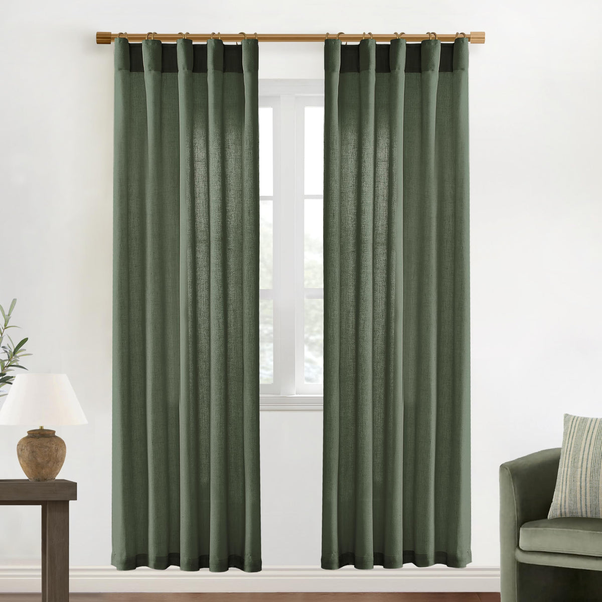Xtmyi Olive Green Boho Closet Curtains 80 Inch Length For Bedroom Closet Door,2 Panels Set Farmhouse Linen Semi Sheer Back Tab P