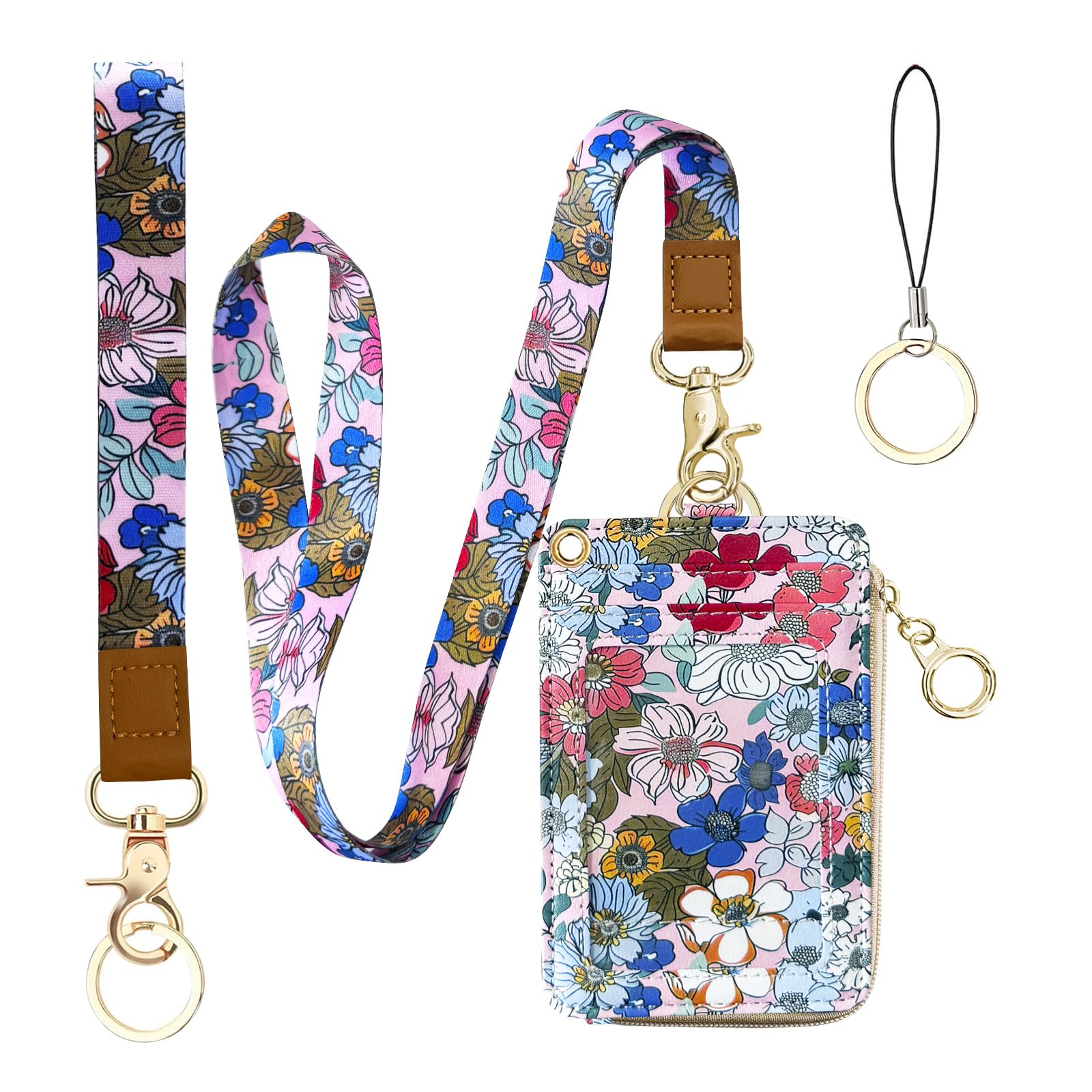 Bolimoss 2-In-1 Floral Lanyard Wallet & Id Badge Holder, Vertical Leather Id Card Name Badge Holders With Small Zip Id Case Brea
