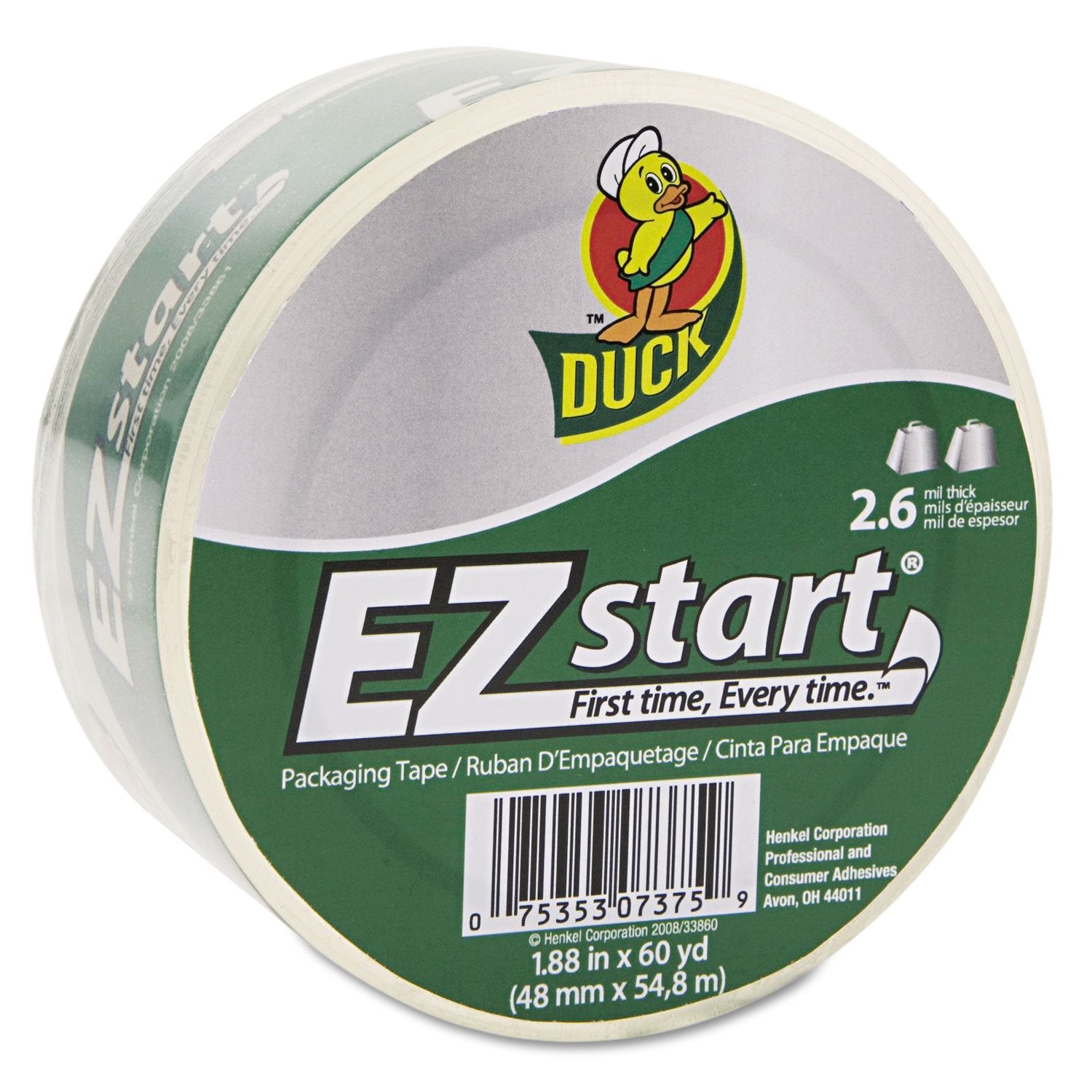Duck Ez Start Packaging Tape, Single Refill Roll, Clear Packing Tape For Mailing, Moving, Shipping & Storage, Quiet Easy Start T