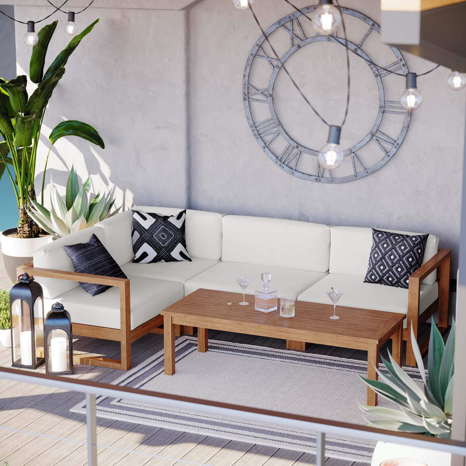 Modway Eei-4619-Nat-Whi-Set Upland Patio Teak Wood Sectional Sofa, 5-Piece Set, Natural White