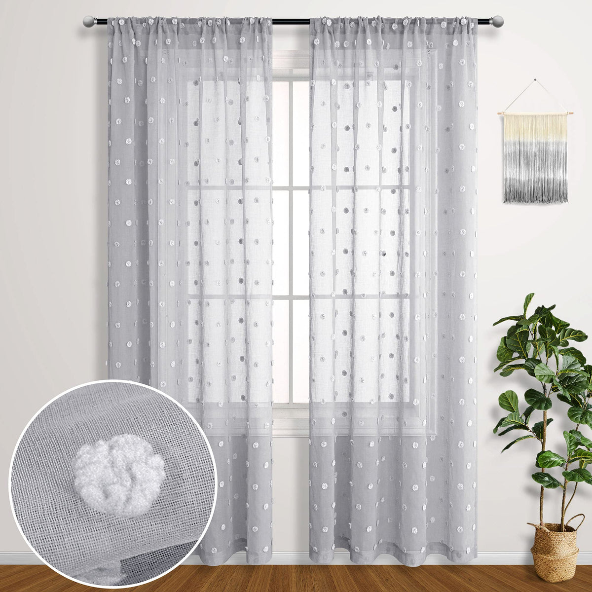 Koufall Grey Curtains 84 Inch Length For Living Room 2 Panels Set Rod Pocket Pom Pom Floral Textured Light Gray Sheer Curtains F
