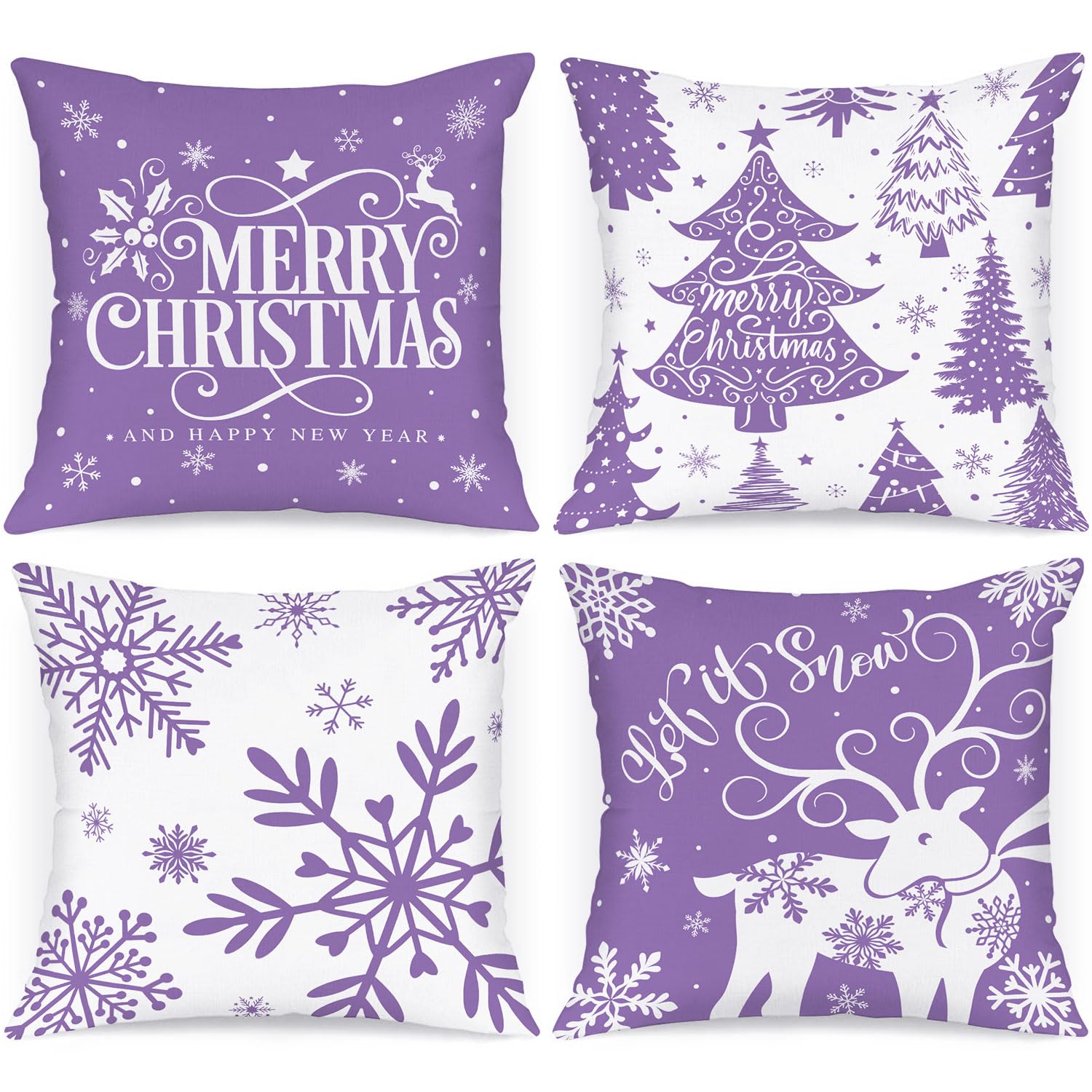 Lanpn White And Purple 20X20 Christmas Pillow Covers Set Of 4, Decorative 20 Inch Navy Winter Snowflake Throw Pillow Case Xmas C