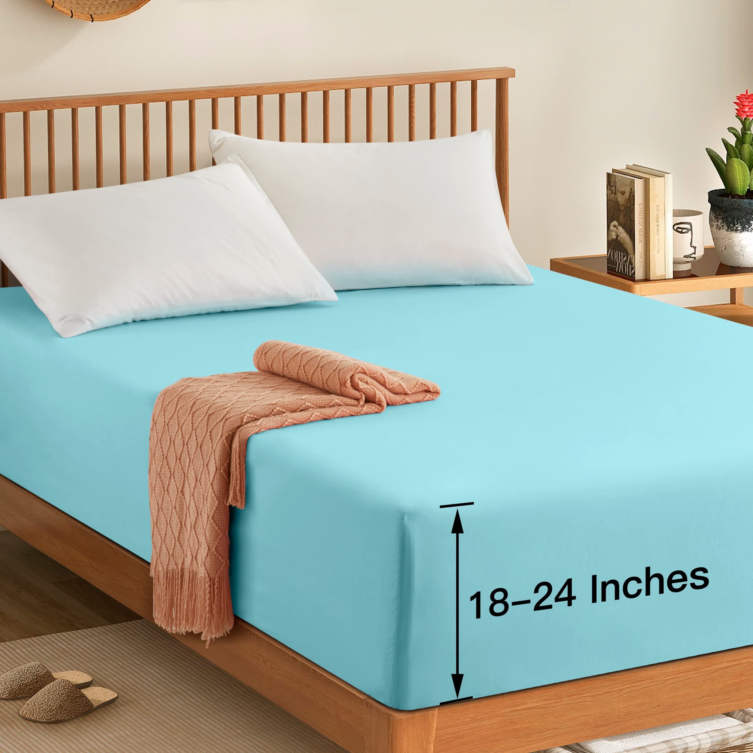 Manyshofu King Extra Deep Pocket Fitted Sheet Only - 1800 Thread Count Hotel Deep Fitted Sheet Up To 24 Inches Mattress, Aqua Bl