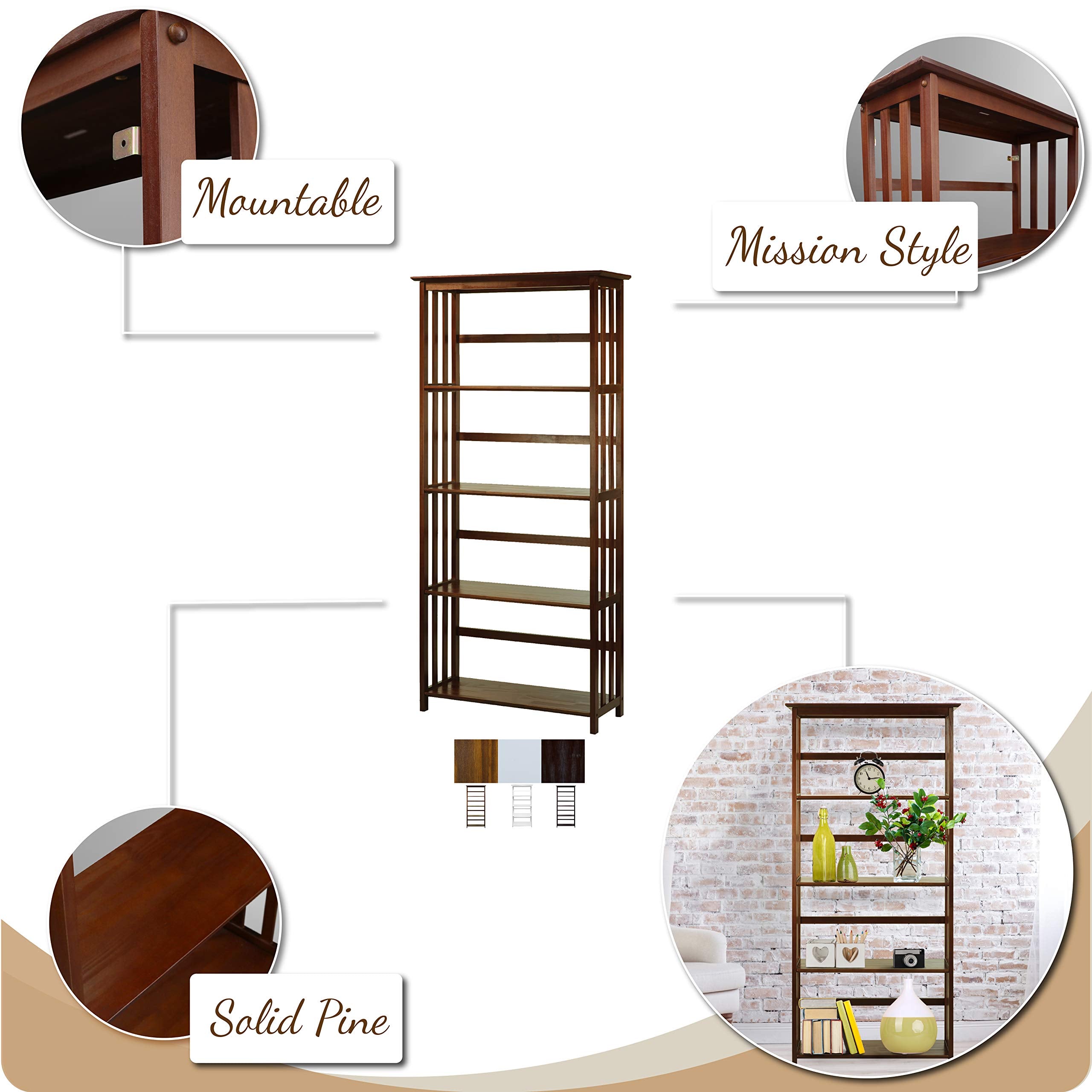 Casual Home Mission Style 5-Shelf White Bookcase,310-61