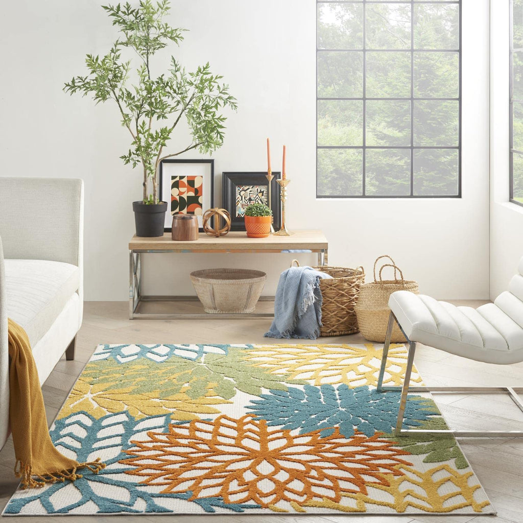 Nourison Aloha Indoor/Outdoor Floral Turquoise Multicolor 3'6' X 5'6' Area Rug, (4' X 6')