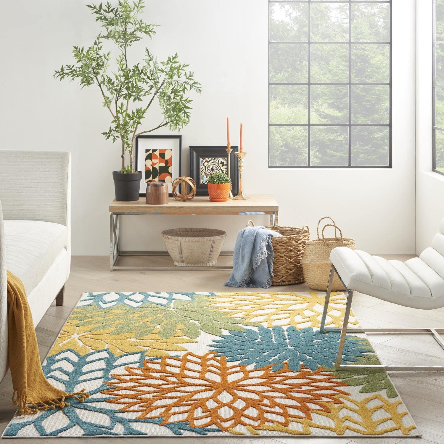 Nourison Aloha Indoor/Outdoor Floral Turquoise Multicolor 3'6' X 5'6' Area Rug, (4' X 6')
