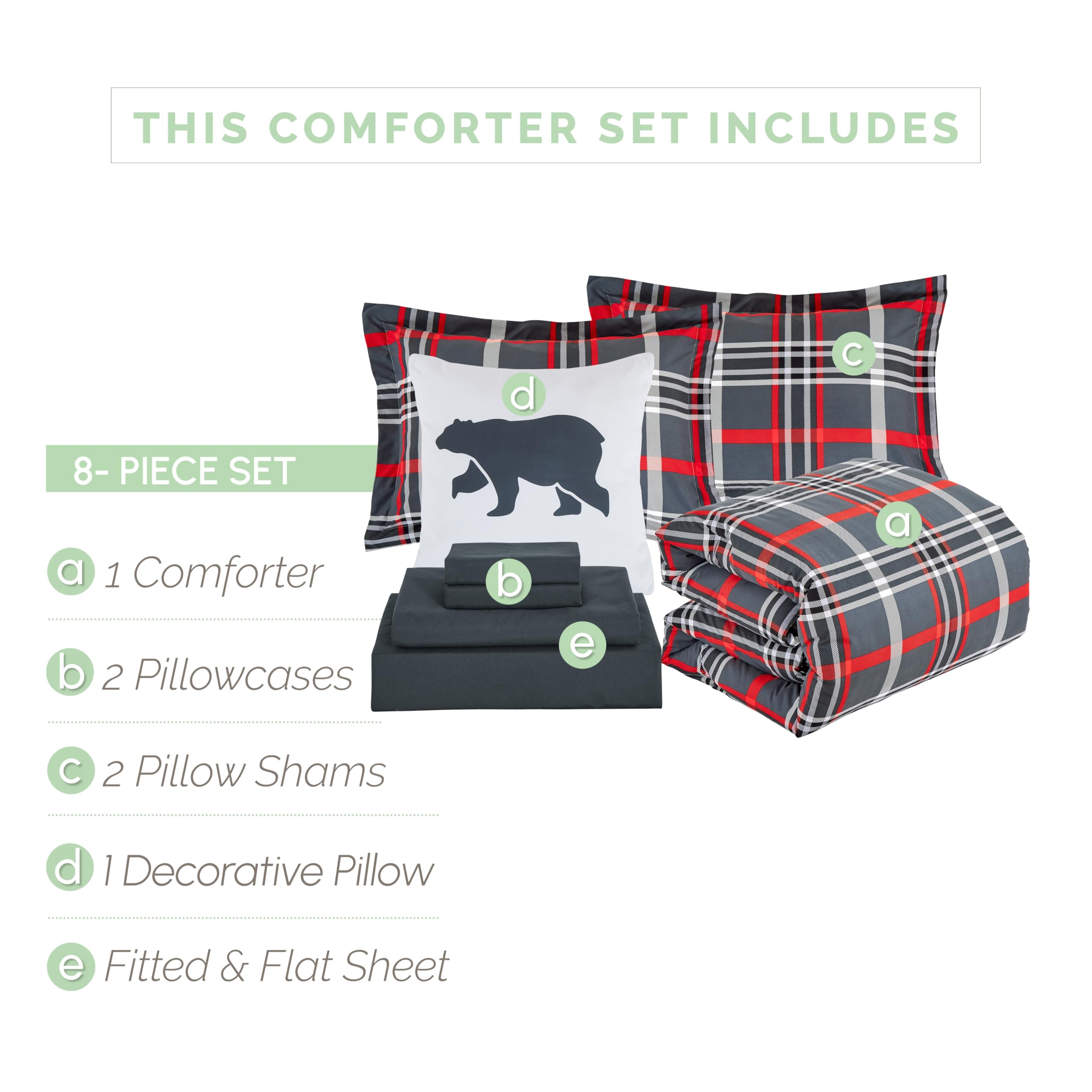 Elegant Comfort 8- Piece Lodge Plaid Reversible Comforter Set Bed-In-A-Bag Set - Silky Soft Complete Set Includes Bed Sheet Set With Double Sided Storage Pockets, Twin/Twin Xl, Gray