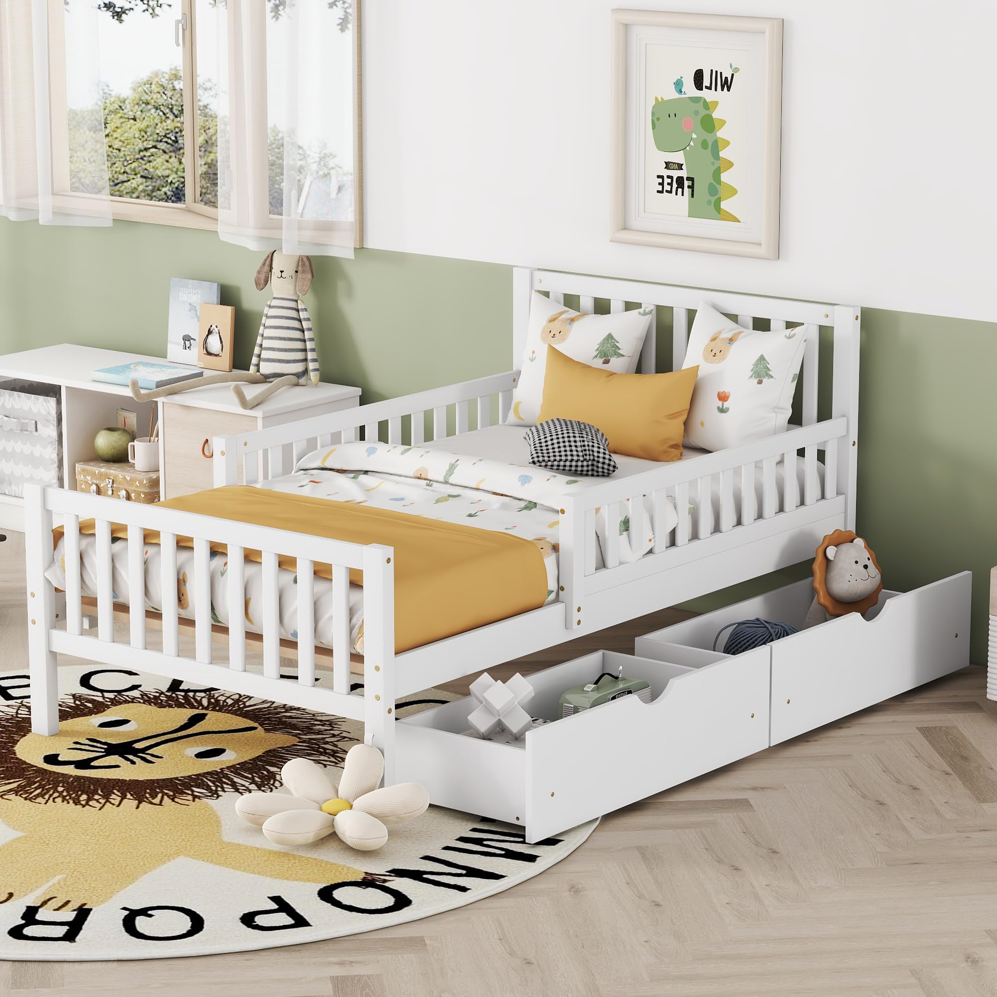Merax Twin Size Platform Bed with 2 Storage Drawers and Both Sides Guardrails, Wood Bed Frame for Bedroom, Guest Room, No Box Sp