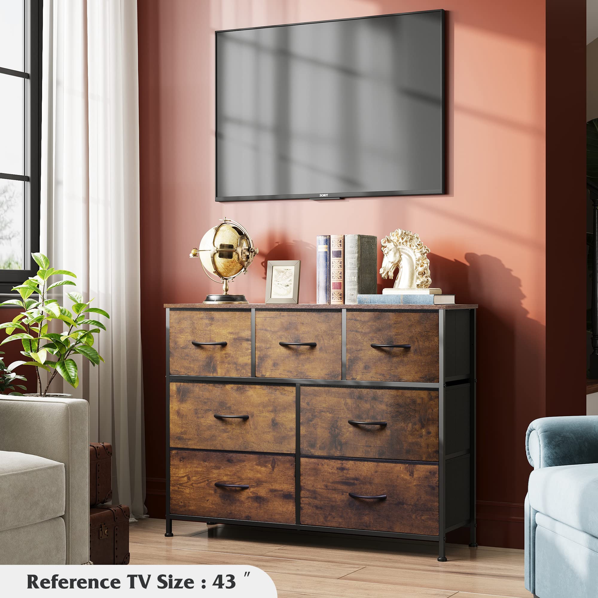 Wlive Dresser Tv Stand, Entertainment Center With Fabric Chest Of Drawers For Bedroom, Media Console Table With Metal Frame And Wood Top For Tv Up To 45 Inch, Rustic Brown Wood Grain Print