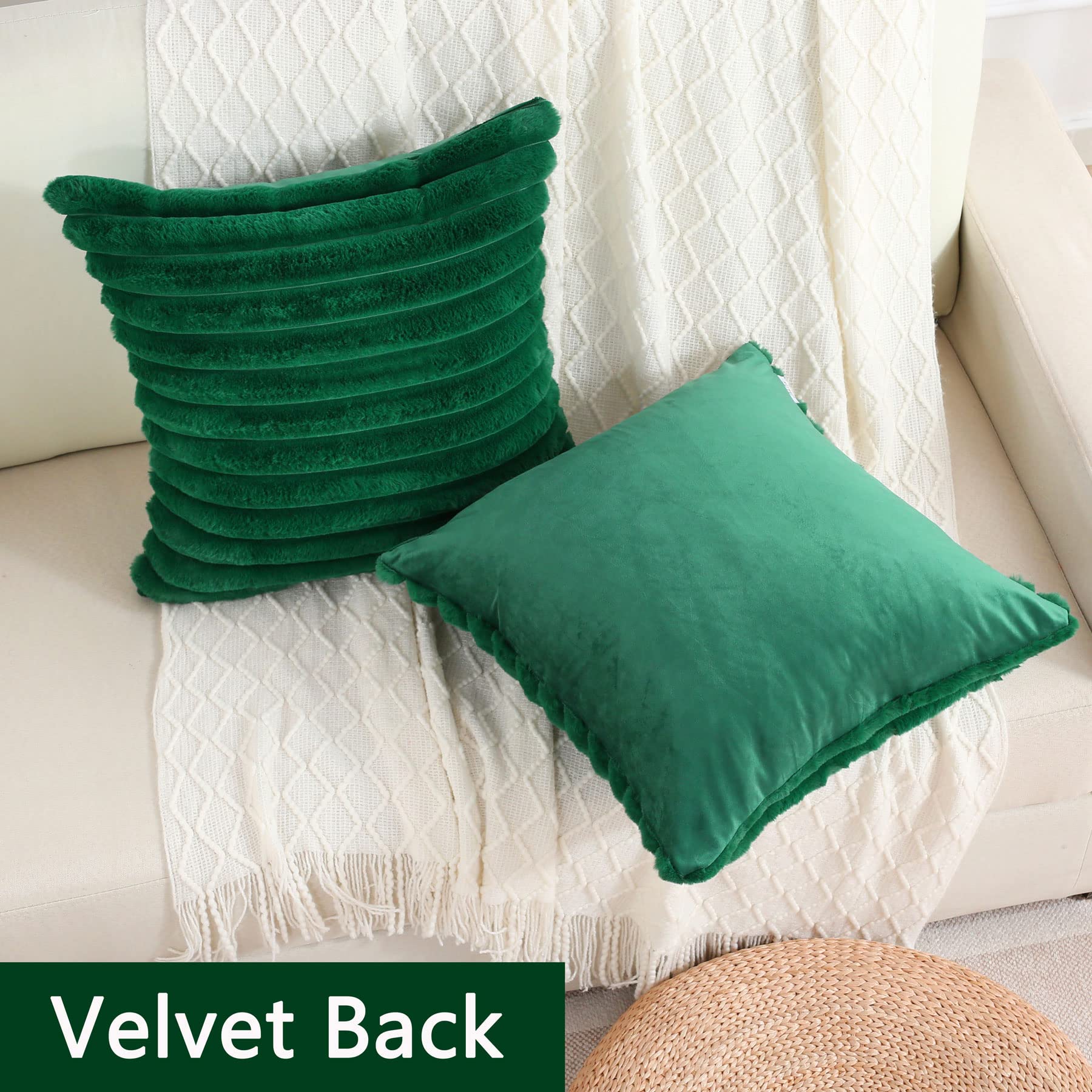 Futei Emerald Green Striped Decorative Throw Pillow Covers 16X16 Inch Set Of 2,Square Winter Decorations Couch Pillow Case,Soft