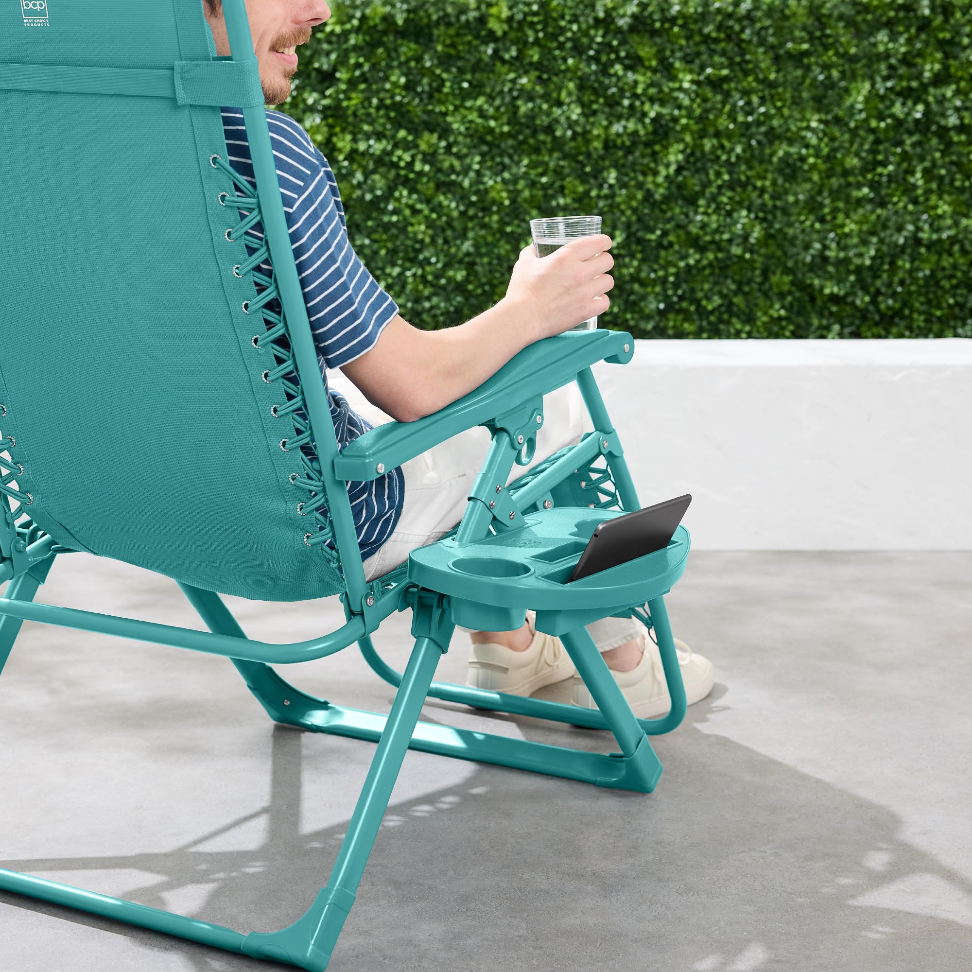 Best Choice Products Adjustable Zero Gravity Chair, Monochromatic Color Folding Patio Recliner W/Side Tray, Headrest - Caribbean