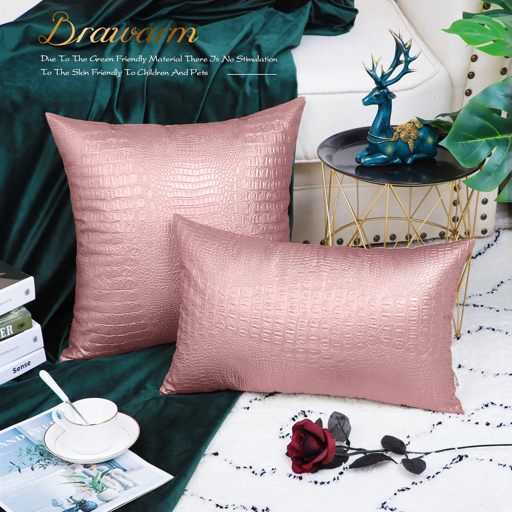 Brawarm Faux Leather Pillow Covers 16 X 16 Inches, Rose Gold Leather Pillow Covers Pack Of 2, Crocodile Leather Decorative Throw