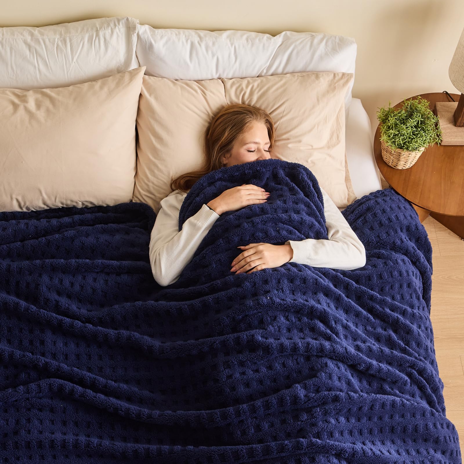 Newcosplay Super Soft King Blanket Navy Premium Silky Flannel Fleece 3D Waffle Checkered Lightweight Bed Blanket All Season Use