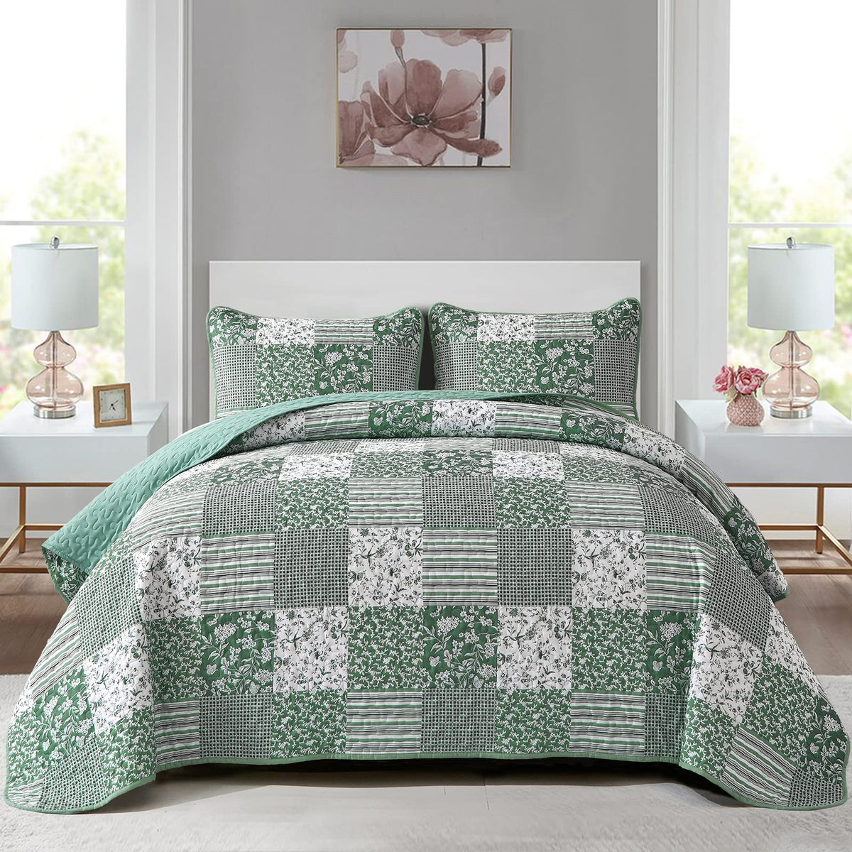 Mybedsoul Sage Green Boho King Quilt Set, 3-Piece Reversible Soft Plaid Floral Bedding Set With 2 Pillow Shams - Sage Green King