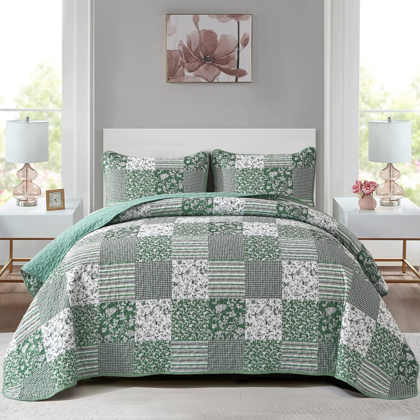 Mybedsoul Sage Green Boho King Quilt Set, 3-Piece Reversible Soft Plaid Floral Bedding Set With 2 Pillow Shams - Sage Green King