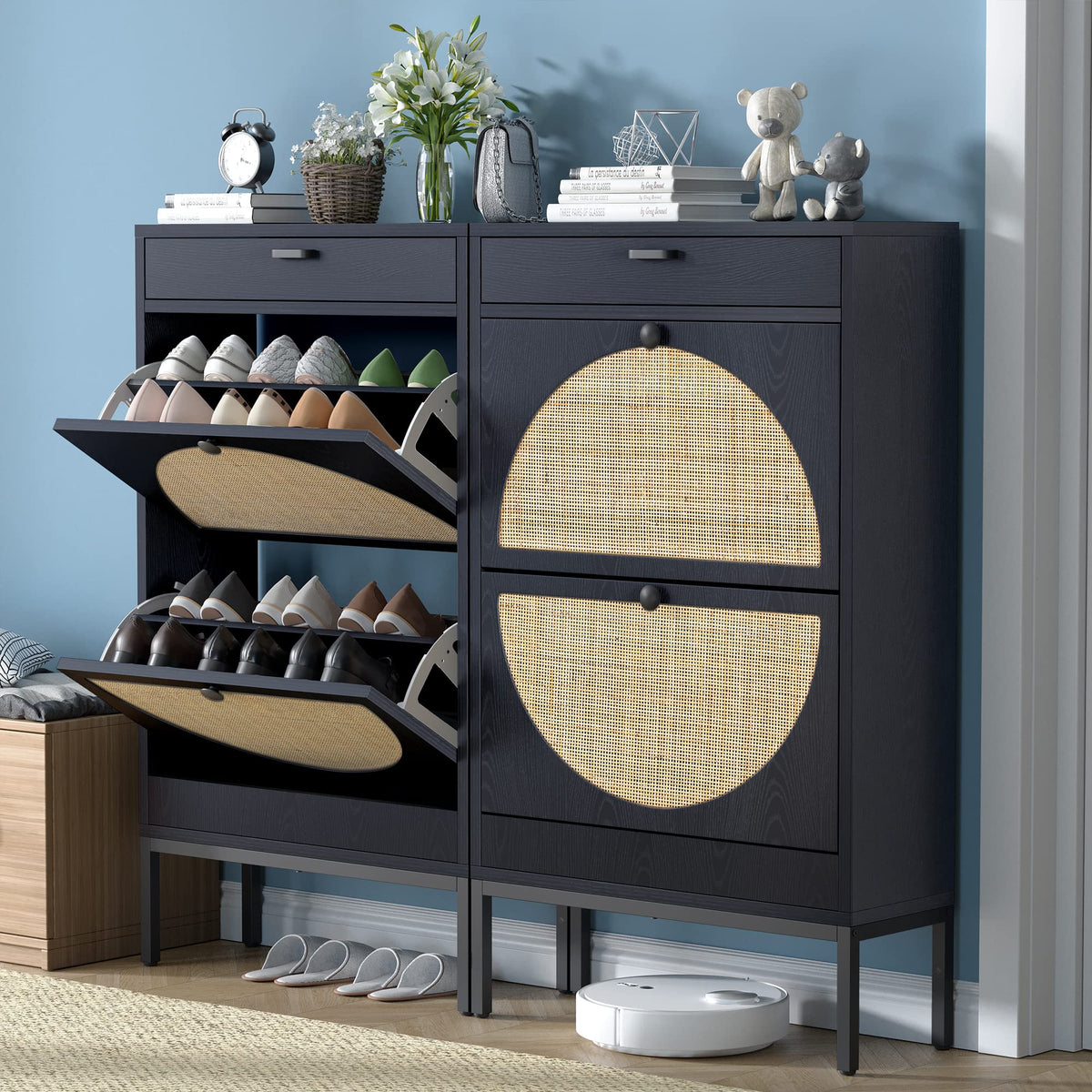 Brafab Shoe Storage Cabinet with 2 Flip Drawers&1 Small Drawer, Slim Entryway Shoe Organizer with with Adjustable Shelve, Half R