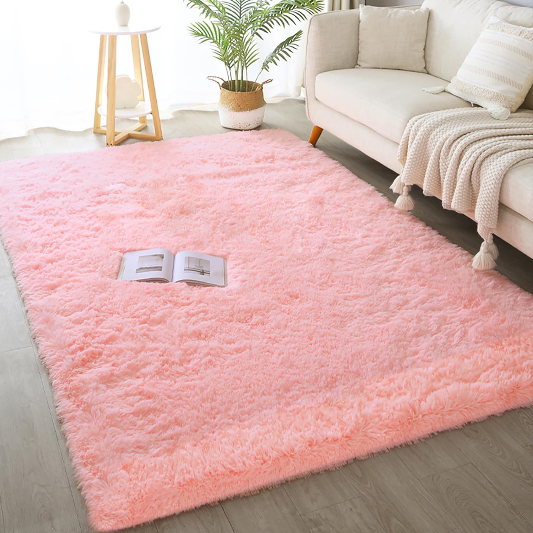 KCHOWUA Pink Fluffy Fuzzy Area Rugs for Bedroom Girls,5x8ft Machine Washable Plush Pastel Throw Large Rug for Living Room,Modern
