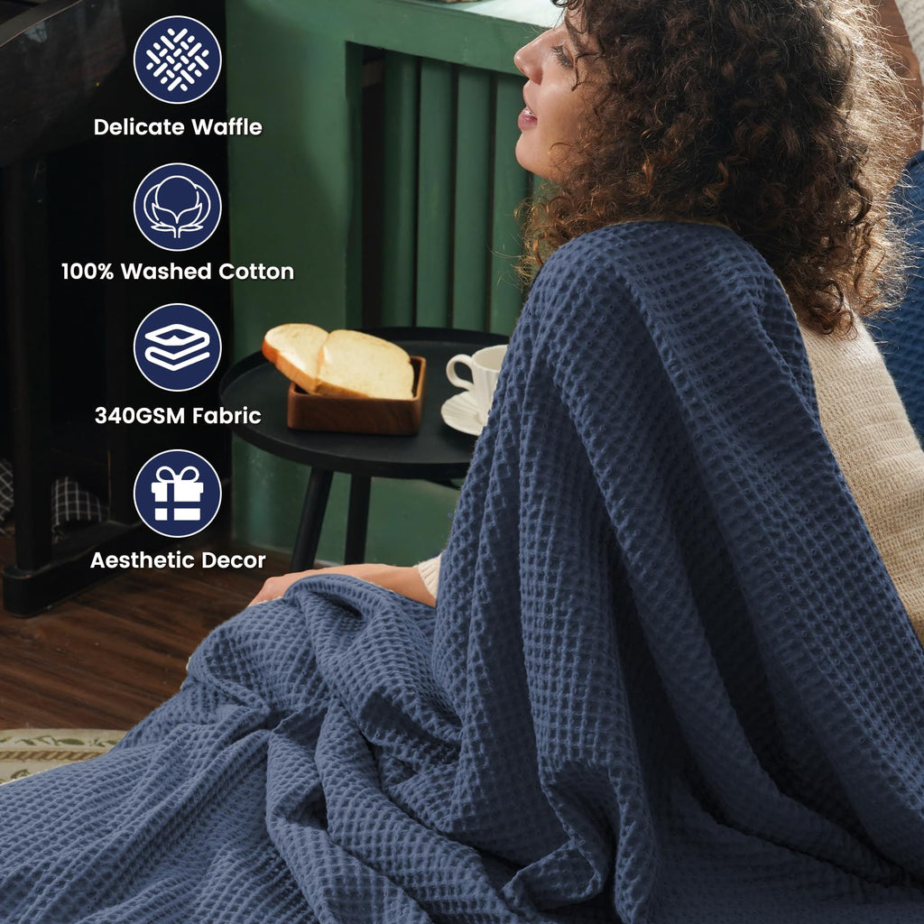 Phf 100% Cotton Waffle Weave Blanket Queen Size 90'X90'-Lightweight Cozy Washed Soft Breathable Throw - Perfect Layer For Couch Bed Sofa-Elegant Aesthetic Home Decoration Gift - Dark Navy