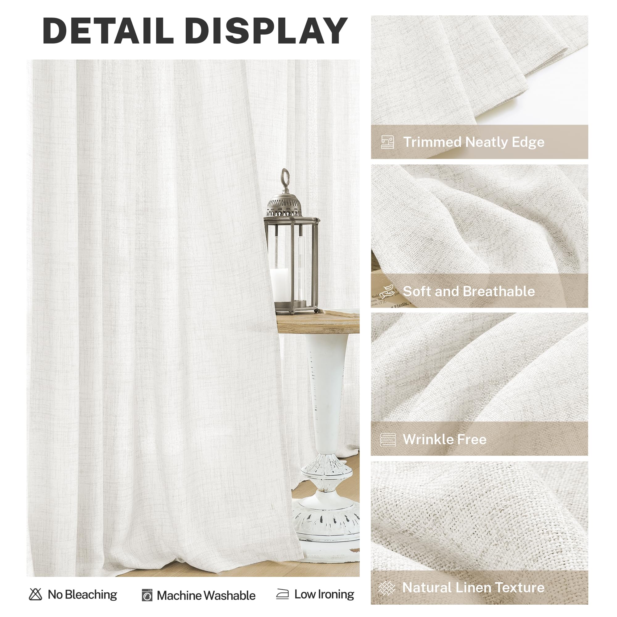 Meetbily Ivory Linen Sheer Curtains 63 Inch Length For Living Room 2 Panel Set Farmhouse Rod Pocket Window Drapes Light Filterin