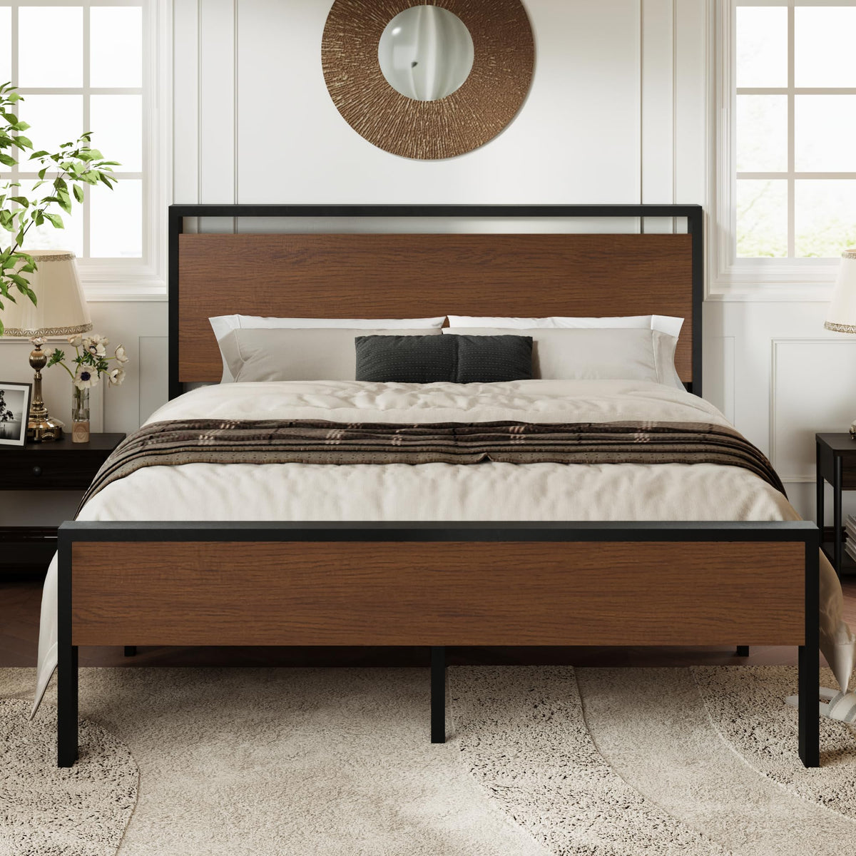 Allewie Queen Size Platform Bed Frame With Wooden Headboard And Footboard, Heavy Duty 12 Metal Slats Support, No Box Spring Needed, Under Bed Storage, Non-Slip, Easy Assembly, Walnut