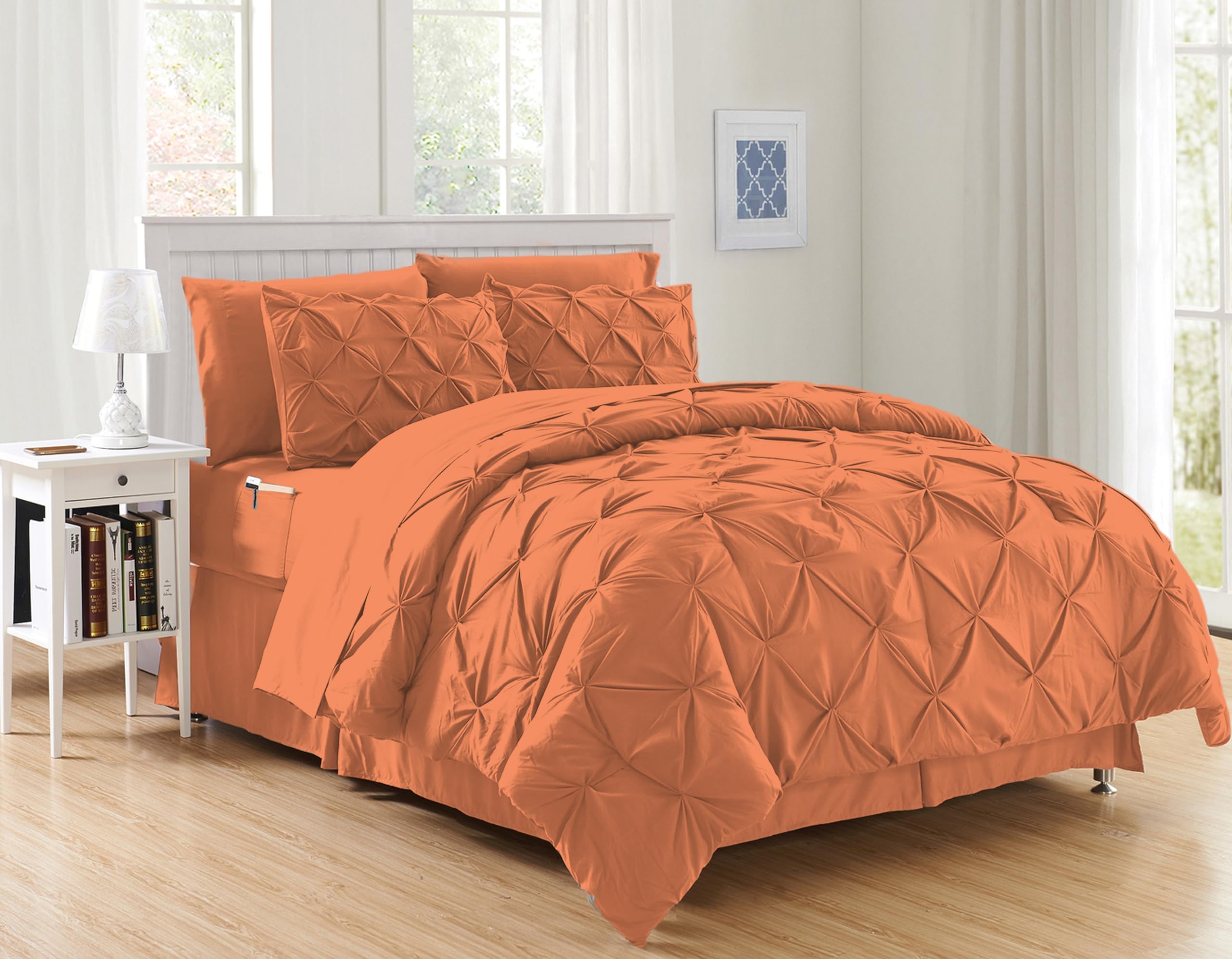 Elegant Comfort Luxury Softest, Coziest 8-Piece Bed-In-A-Bag Comforter Set - Silky Soft Complete Set Includes Bed Sheet Set With Double Sided Storage Pockets, Full/Queen, Coral