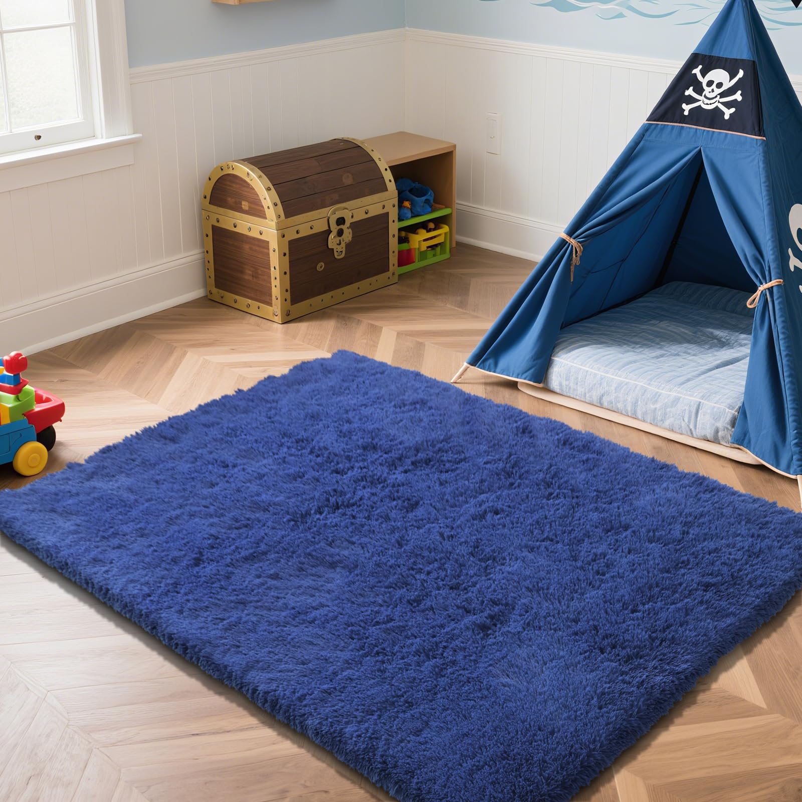Blue Fluffy Rug Shaggy Area Rug, 5x8 Area Rugs for Girls Bedroom, Soft Cute Baby Play Mat, Indoor Floor Carpet for Teen, Nursery