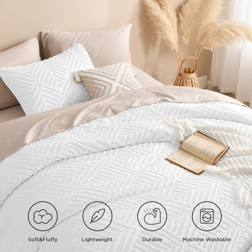 Andency White Comforter Set Queen Size, Boho Lightweight Fluffy Bedding Comforter Sets For Queen Bed, 3 Pieces Tufted Farmhouse Shabby Chic Bed Set For All Seasons(1 Comforter 90X90In, 2 Pillowcases)