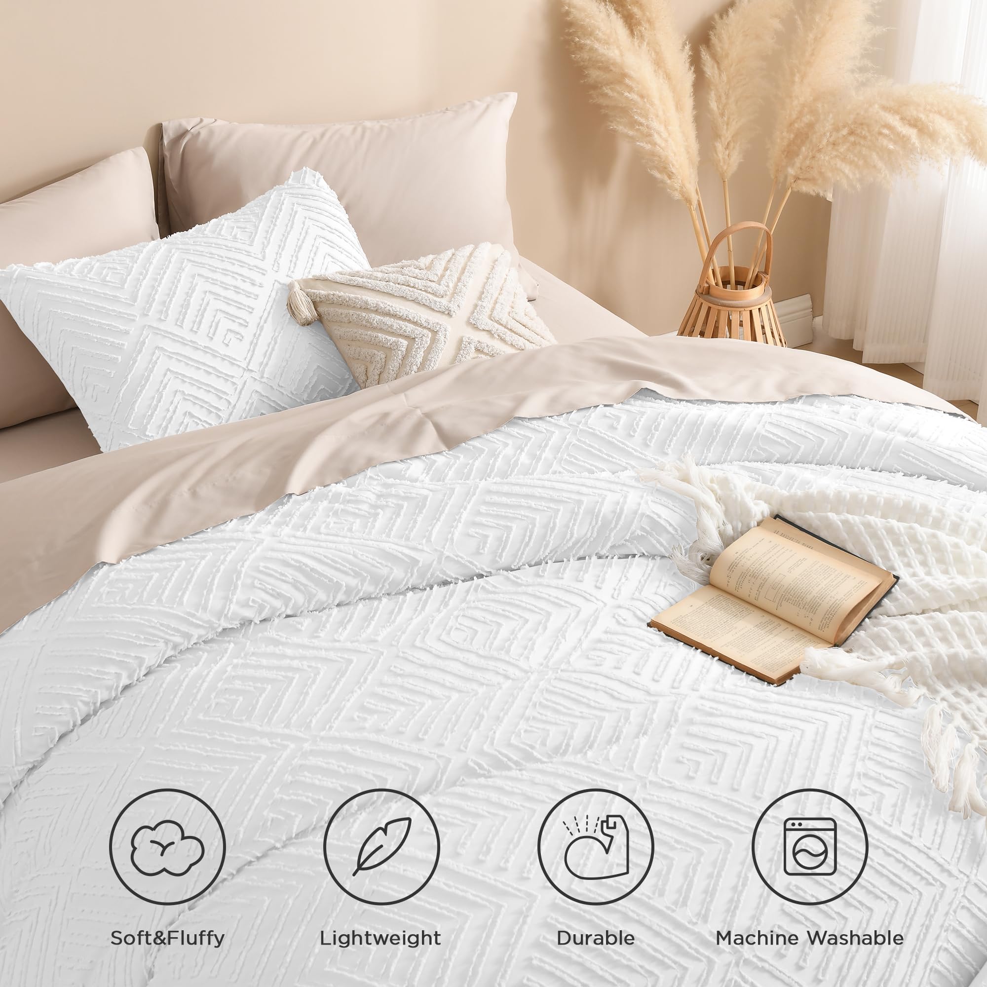 Andency White Comforter King Size, 3 Pieces Boho Bedding Set & Collections, Farmhouse Tufted Fluffy Bedding Comforter Sets For King Bed (1 Comforter 104X90In, 2 Pillowcases)