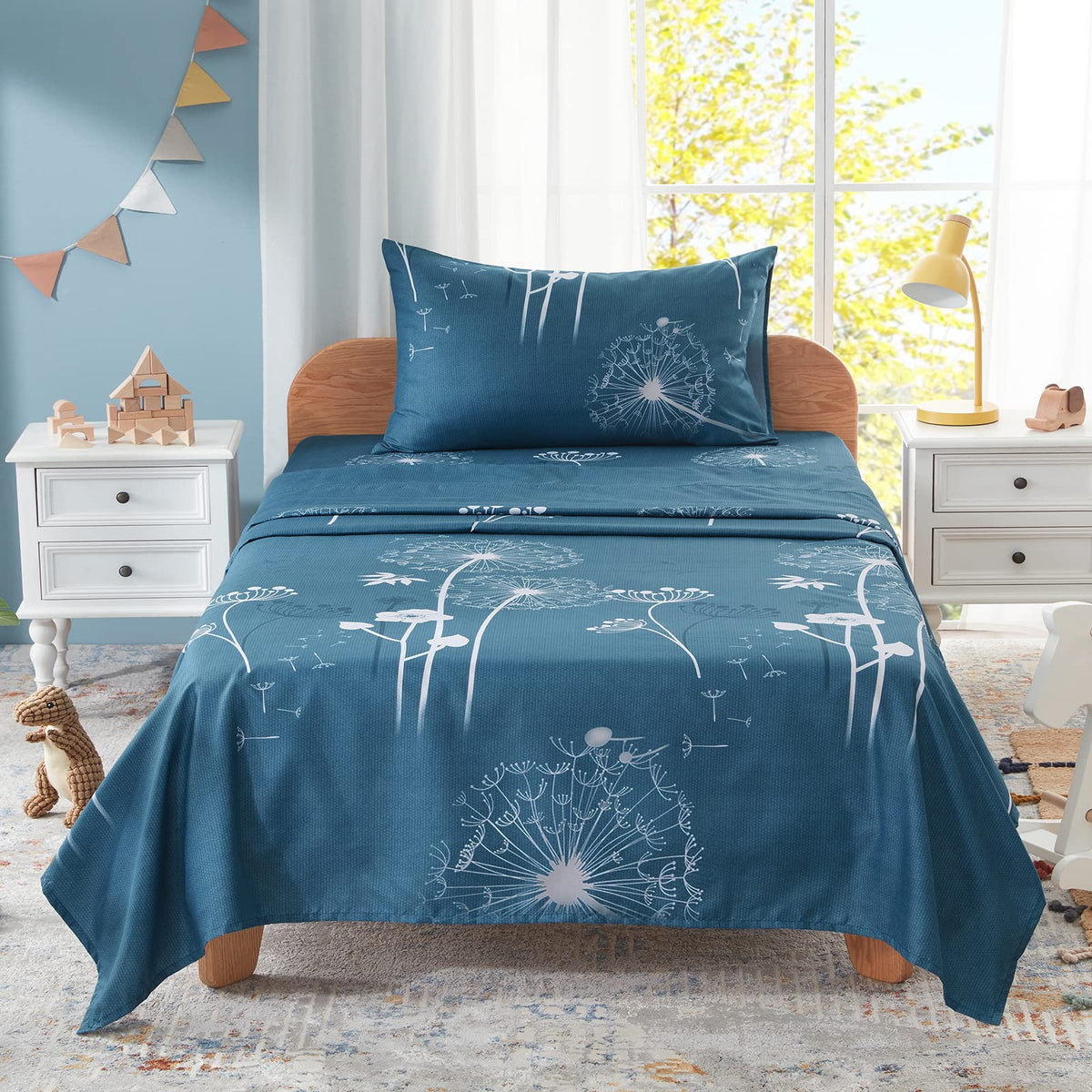 Homiest 3Pcs Dandelion Flower Sheets Twin Size Bed Set Microfiber Sheet Set, Floral Printed Bed Sheets Cute Soft Bedding Set, De