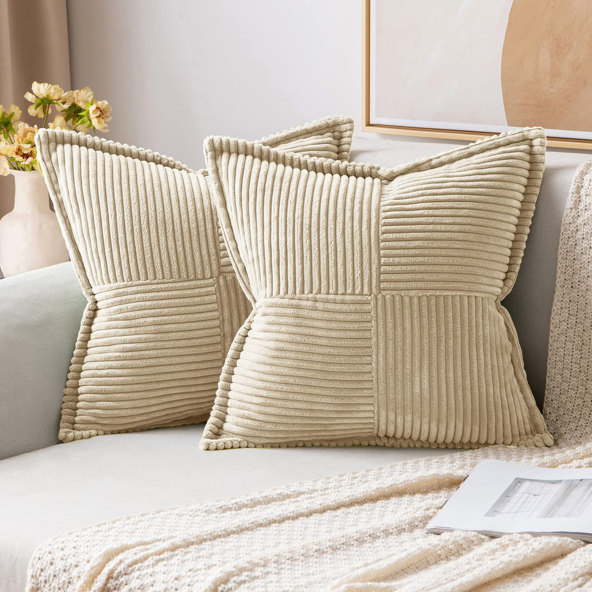 Miulee Cream Corduroy Pillow Covers 24X24 Inch With Splicing Set Of 2 Super Soft Couch Pillow Covers Broadside Striped Decorativ