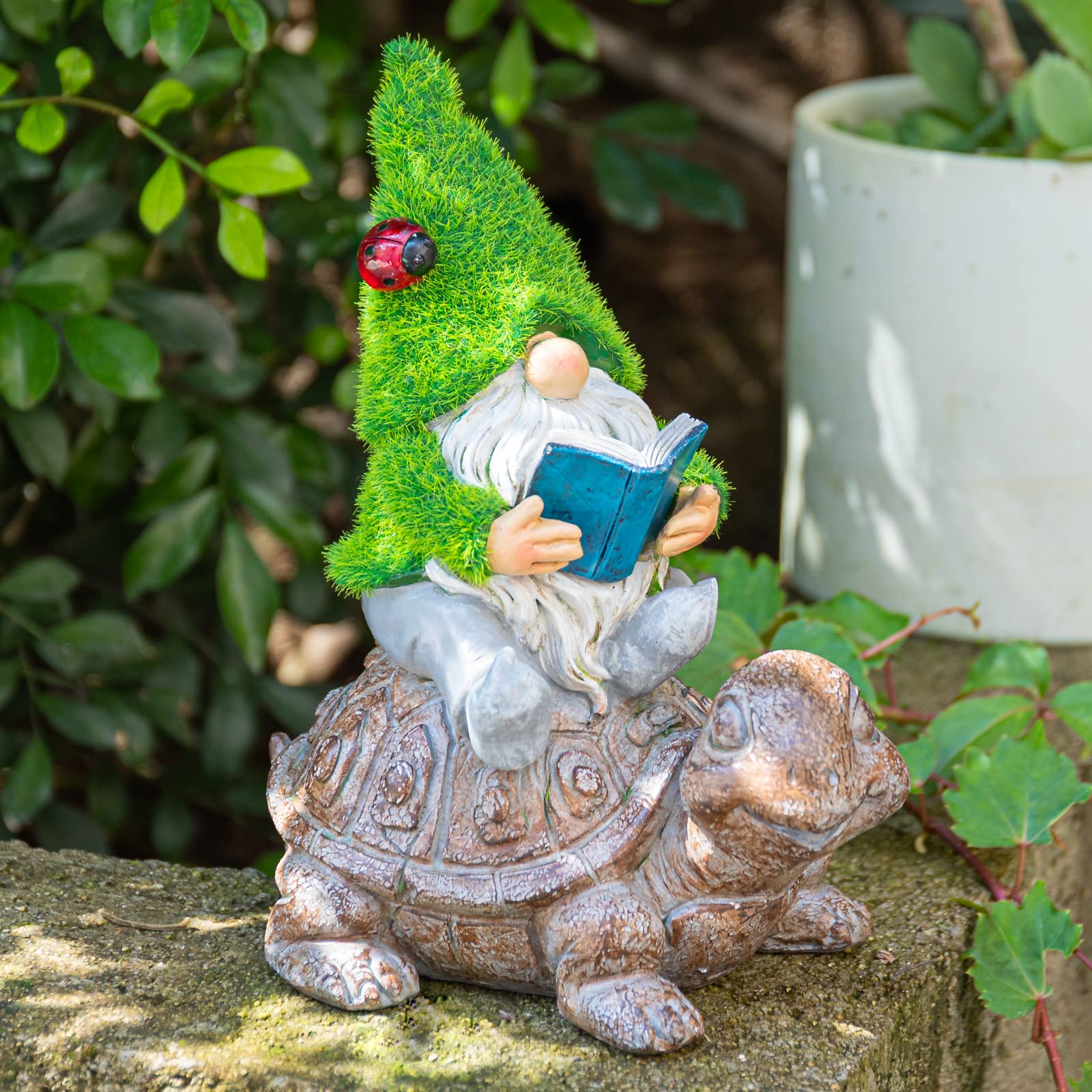 Ovewios Garden Gnome Sitting On Turtle Outdoor Statues And Sculpture With Solar Lights, Resin Garden Gnome Solar Statues And Tur