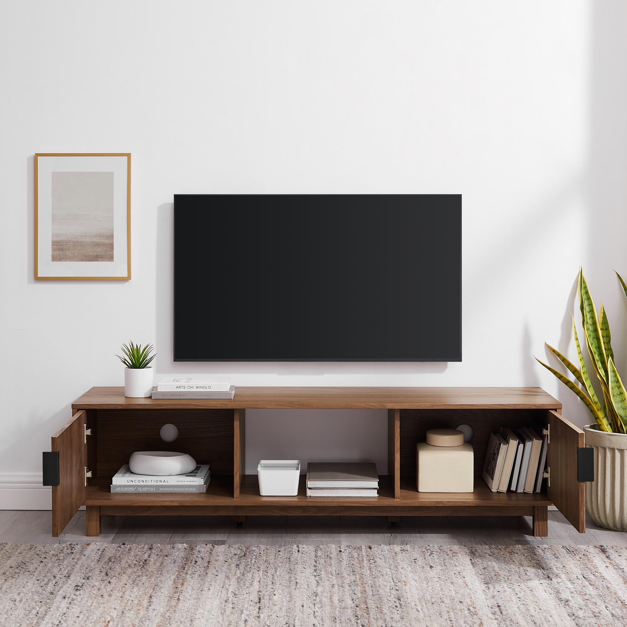 Walker Edison Walton Modern Fluted-Door Low Tv Stand For Tvs Up To 65 Inches, 58 Inch, Mocha