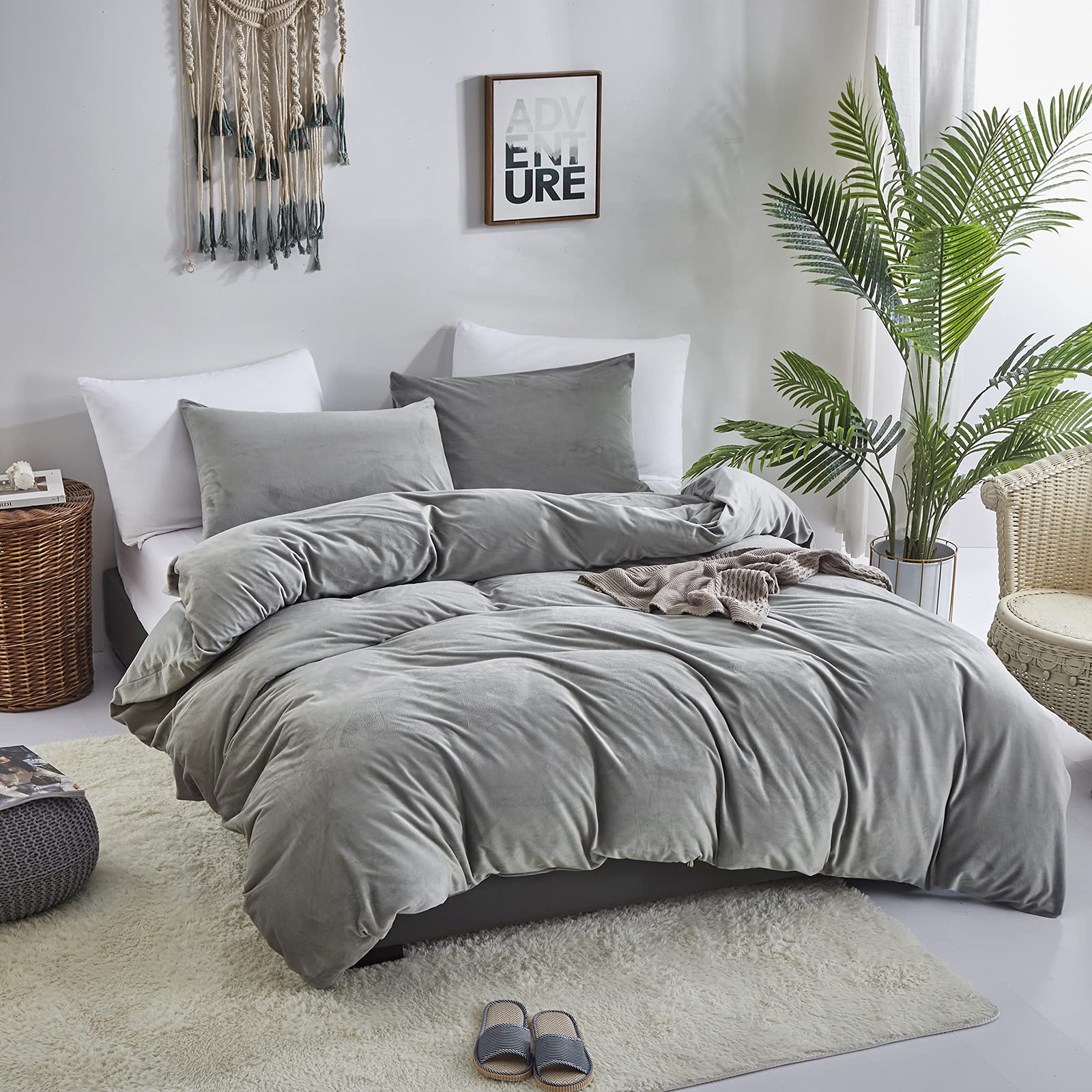 Luxlovery Grey Velvet Comforter Set California King Gray Plush Fluffy Bedding Comforter Set Cal King Light Grey Winter Warm Flan
