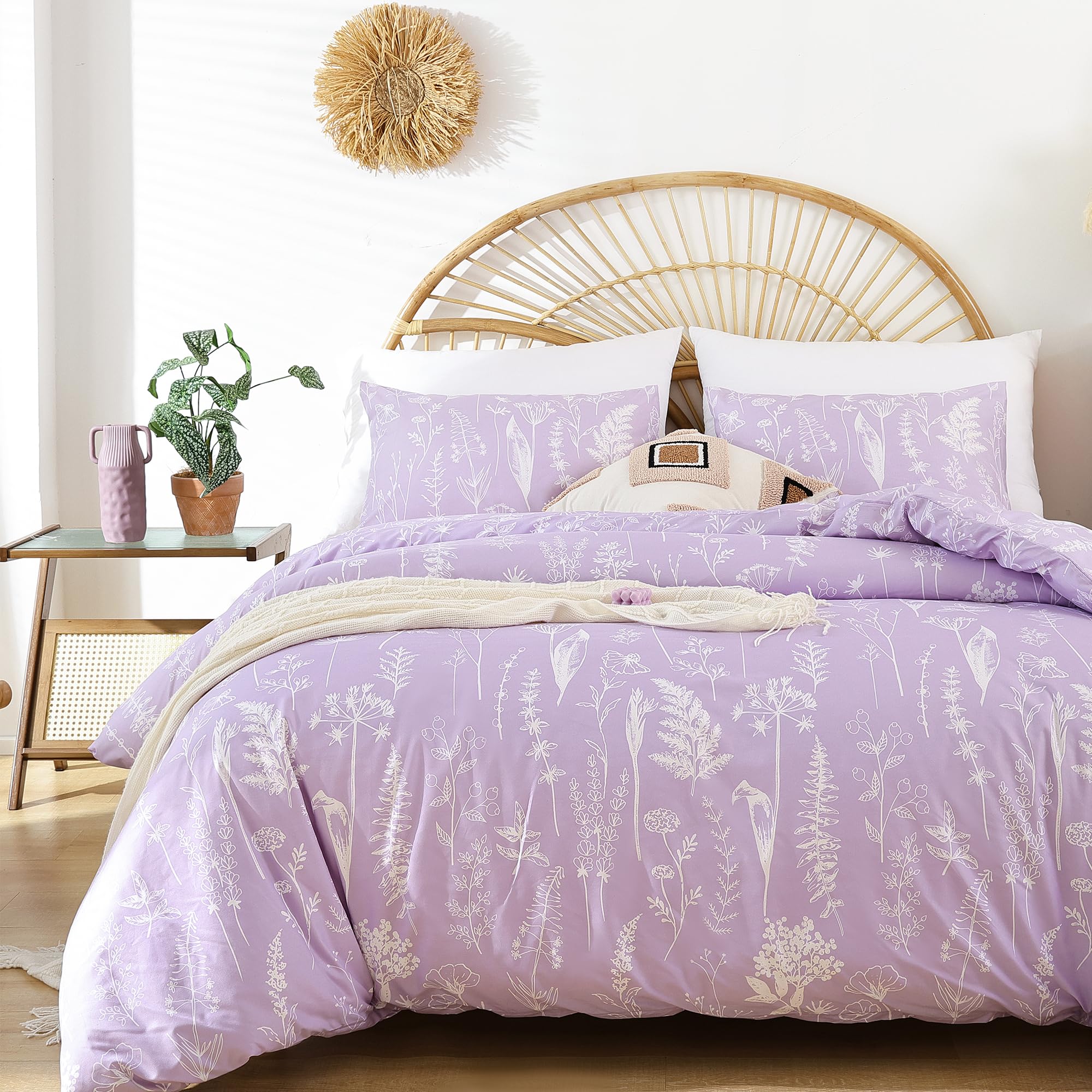 Janzaa King Comforter Set Lavender Comforter Floral Bedding Sets 3 Pieces Flowers Bed Comforter 1 Soft Reversible Cute Botanical With 2 Pillow Shams