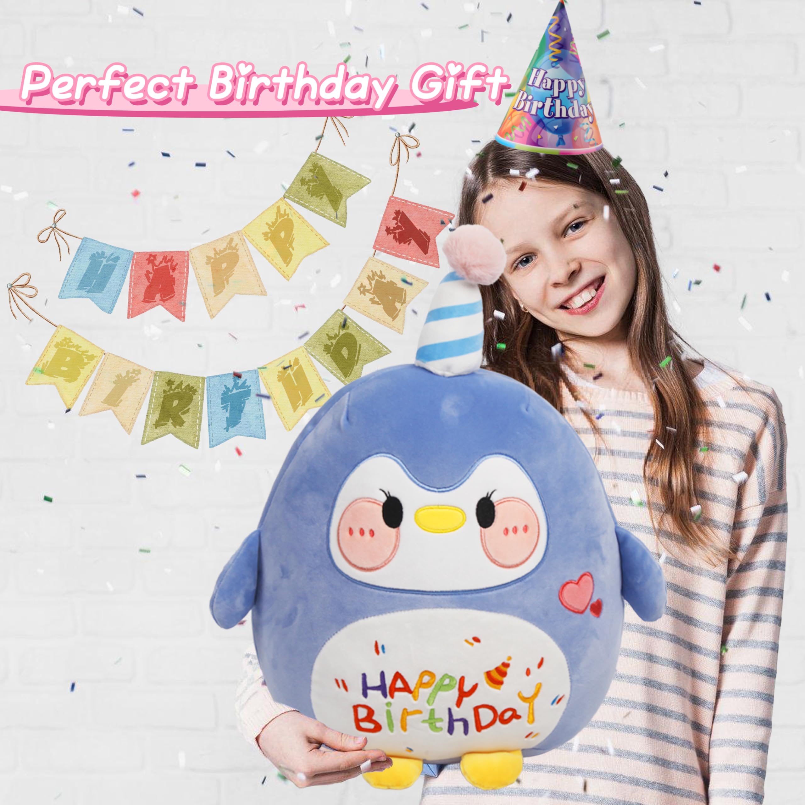Arelux 18In Cute Penguin Plush Soft Penguin Stuffed Animal Birthday Pillow Plushie Toy Happy Birthday Party Decoration Plushies