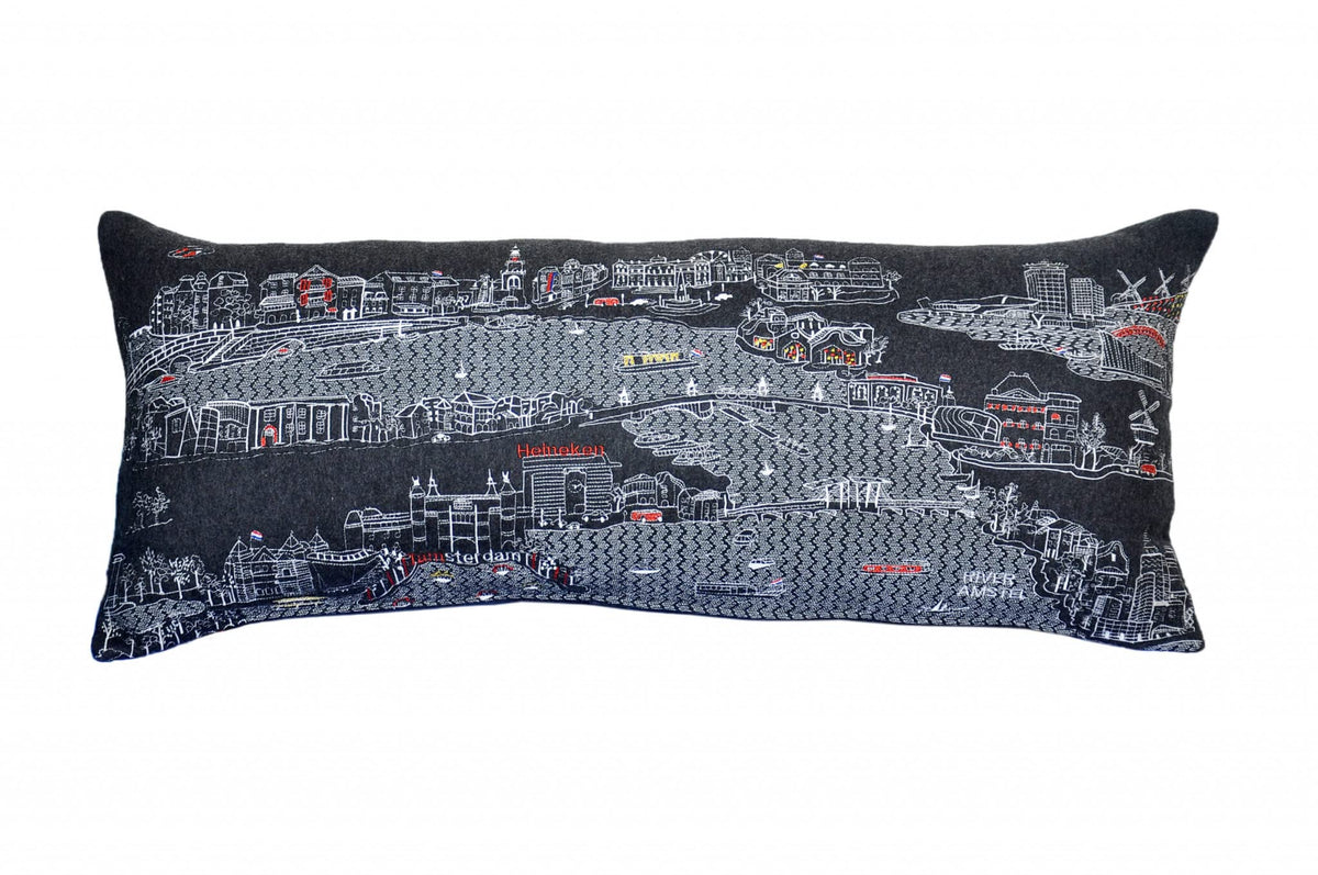 HomeRoots Grey 35' Black Amsterdam Nighttime Skyline Lumbar Decorative Pillow