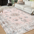 Lahome Washable Living Room Area Rug 8x10, Soft Pink Floral Large Low Pile Mats for Nursery and Girls, Boho Ultra-Thin Non-Slip 