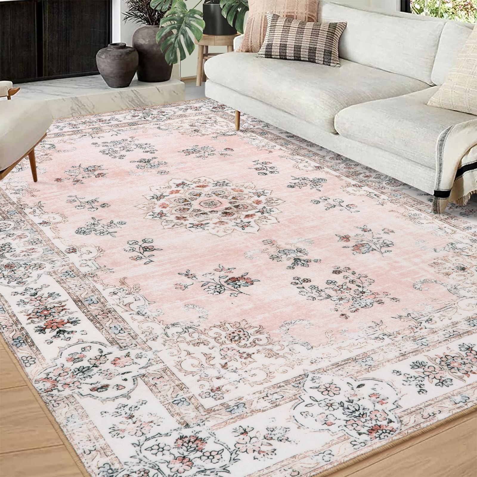 Lahome Washable Living Room Area Rug 8x10, Soft Pink Floral Large Low Pile Mats for Nursery and Girls, Boho Ultra-Thin Non-Slip 